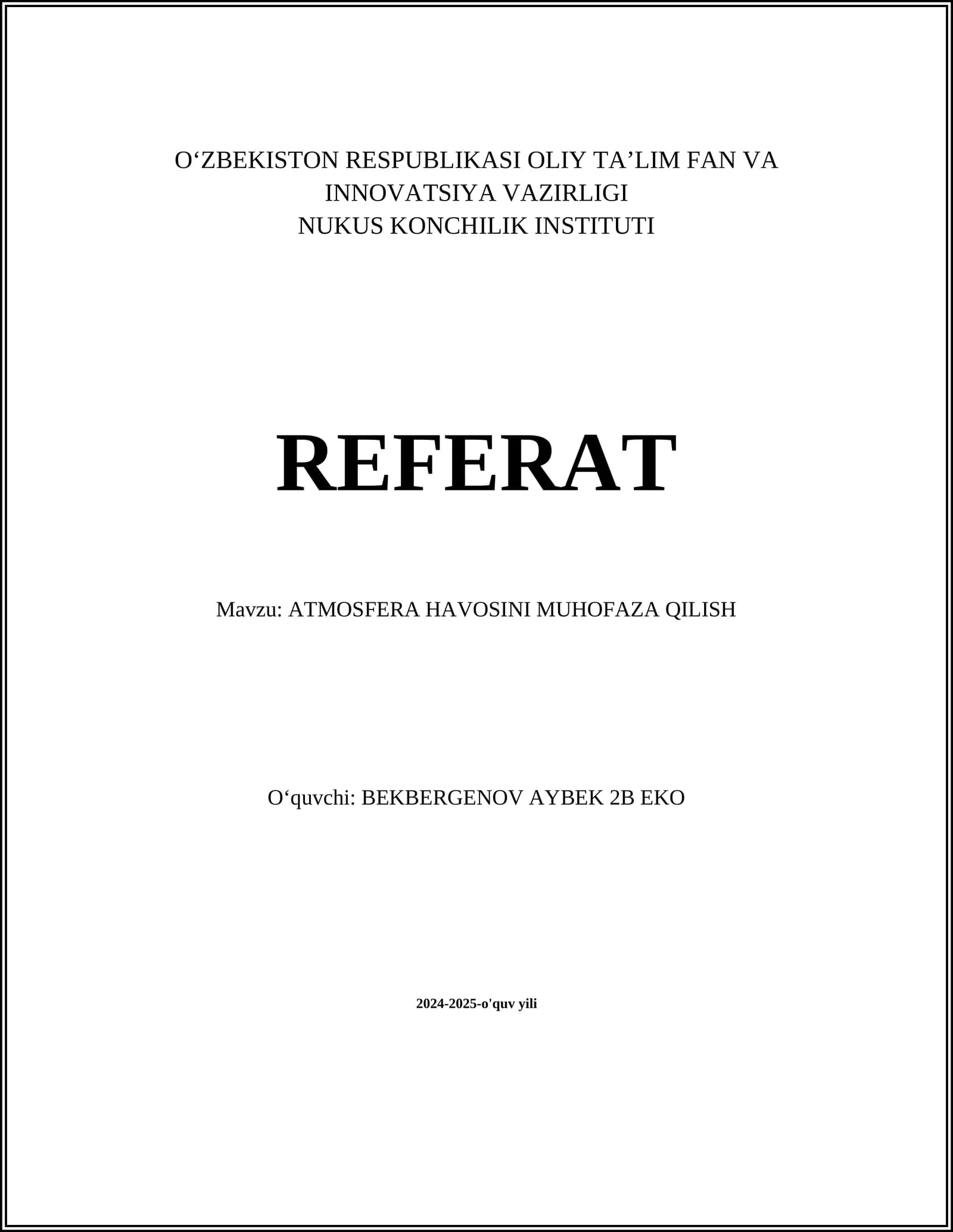 ATMOSFERA HAVOSINI MUHOFAZA QILISH