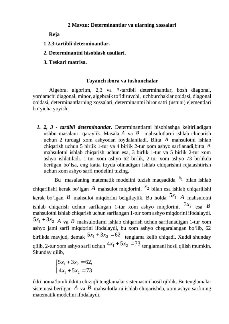2 Mavzu: Determinantlar va ularning xossalari