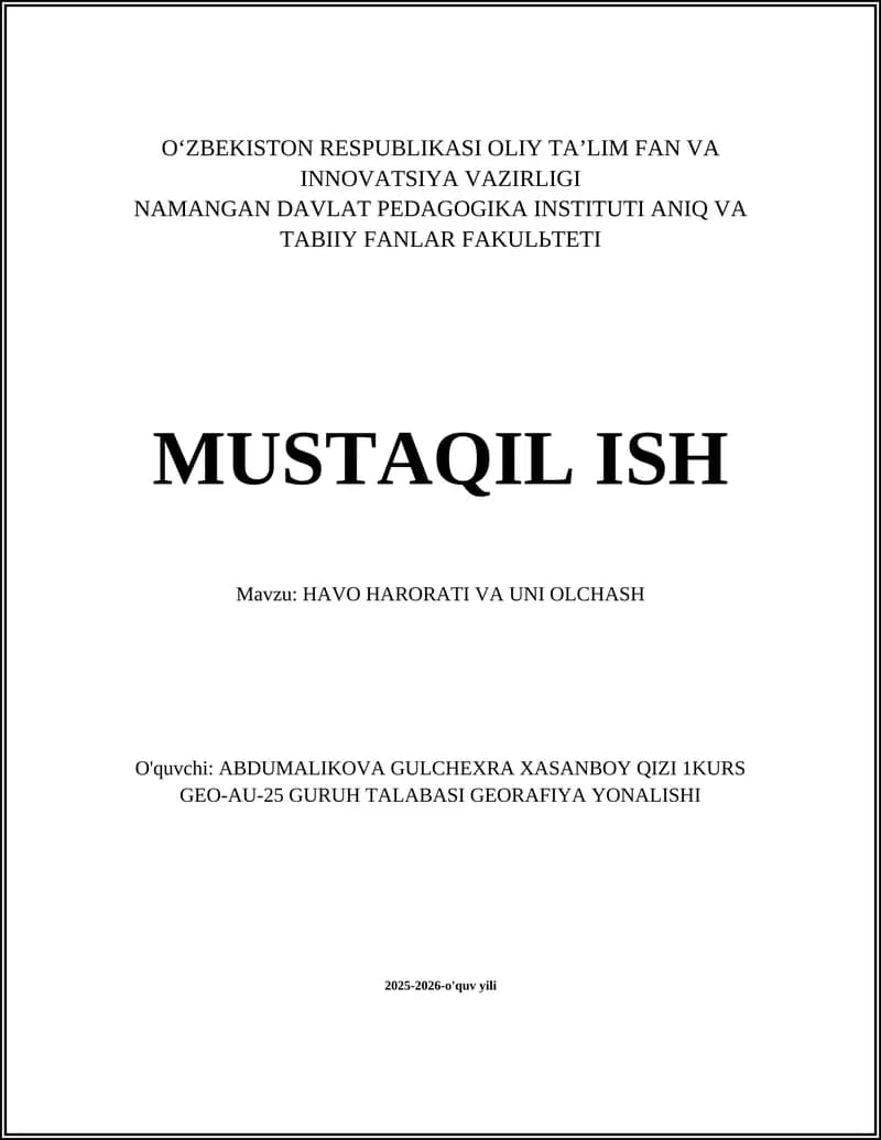 HAVO HARORATI VA UNI OLCHASH