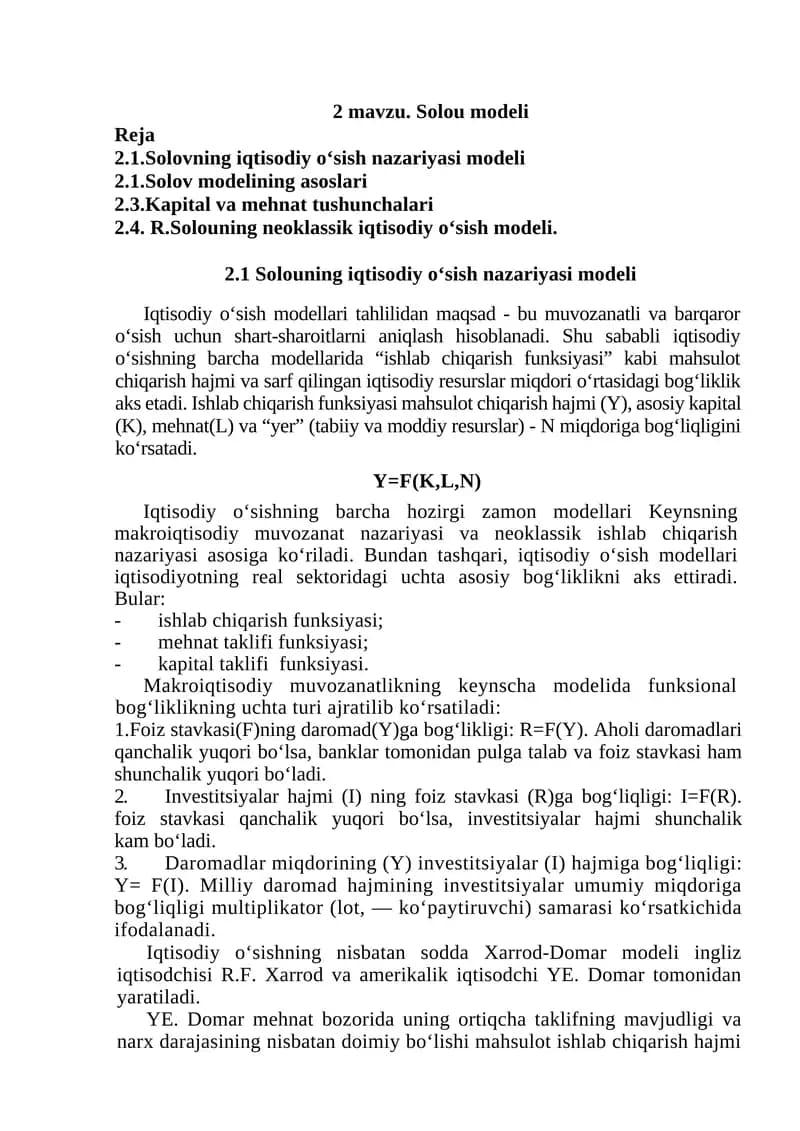 2 mavzu. Solou modeli