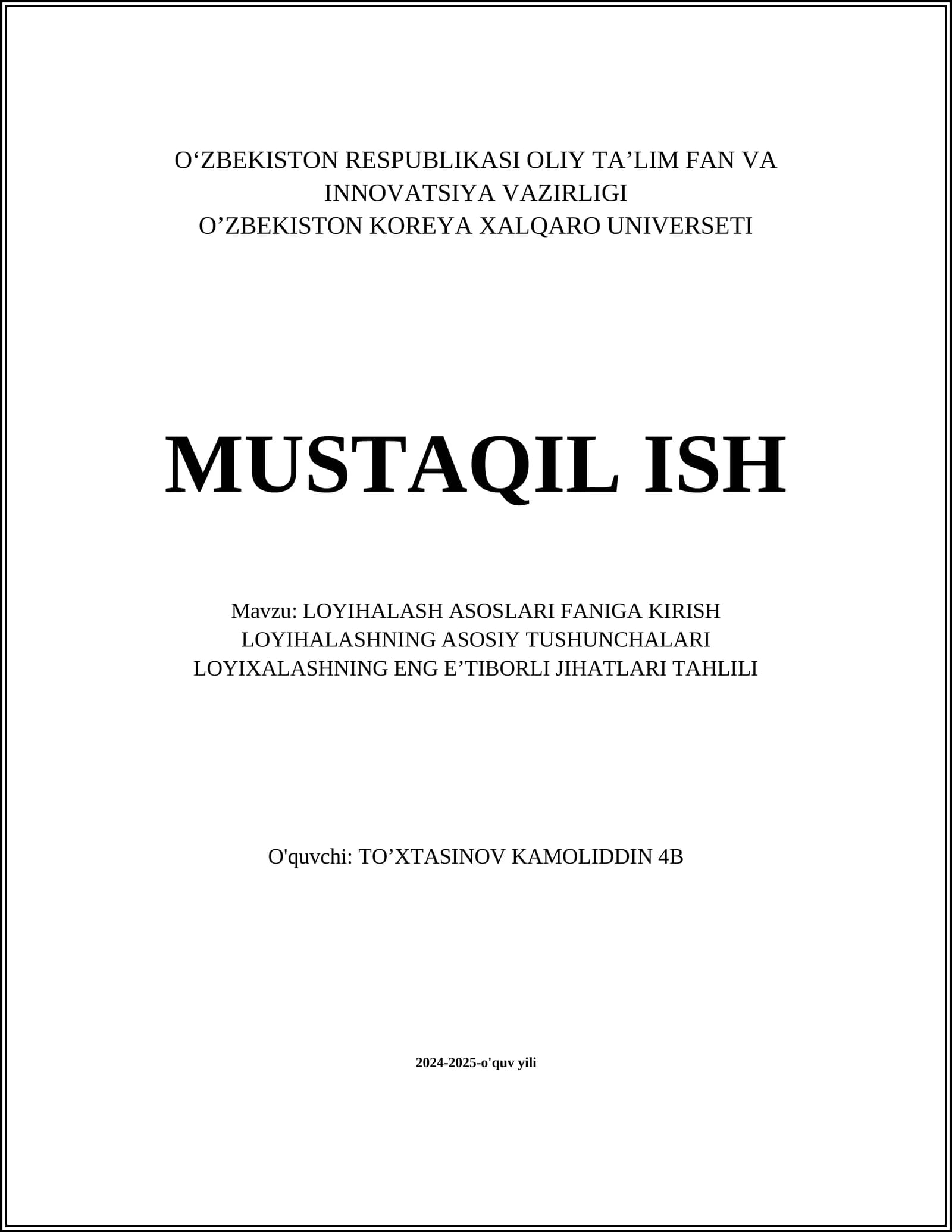 LOYIHALASH ASOSLARI FANIGA