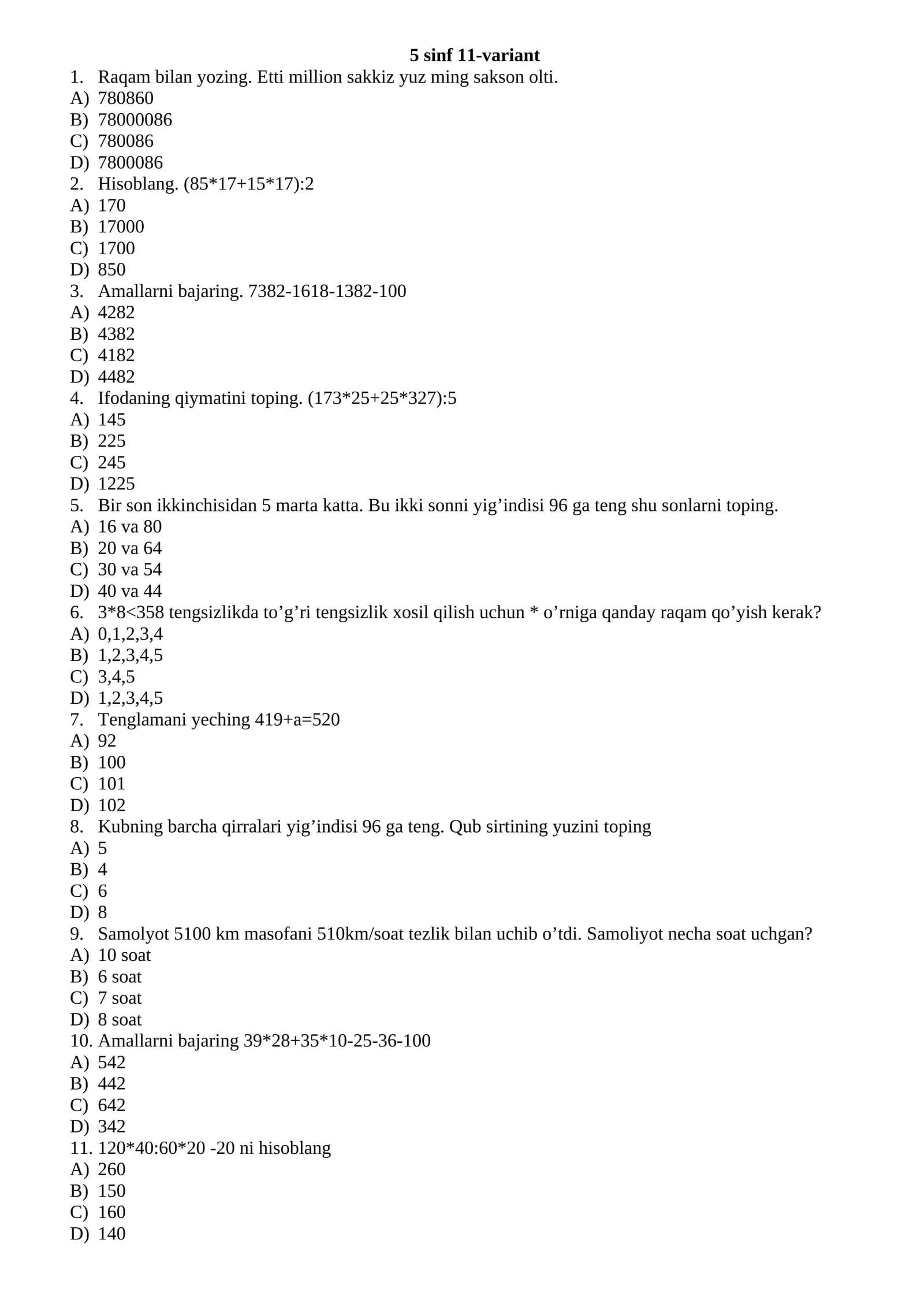 Bilimlar bellashuvi 5-sinf matematika