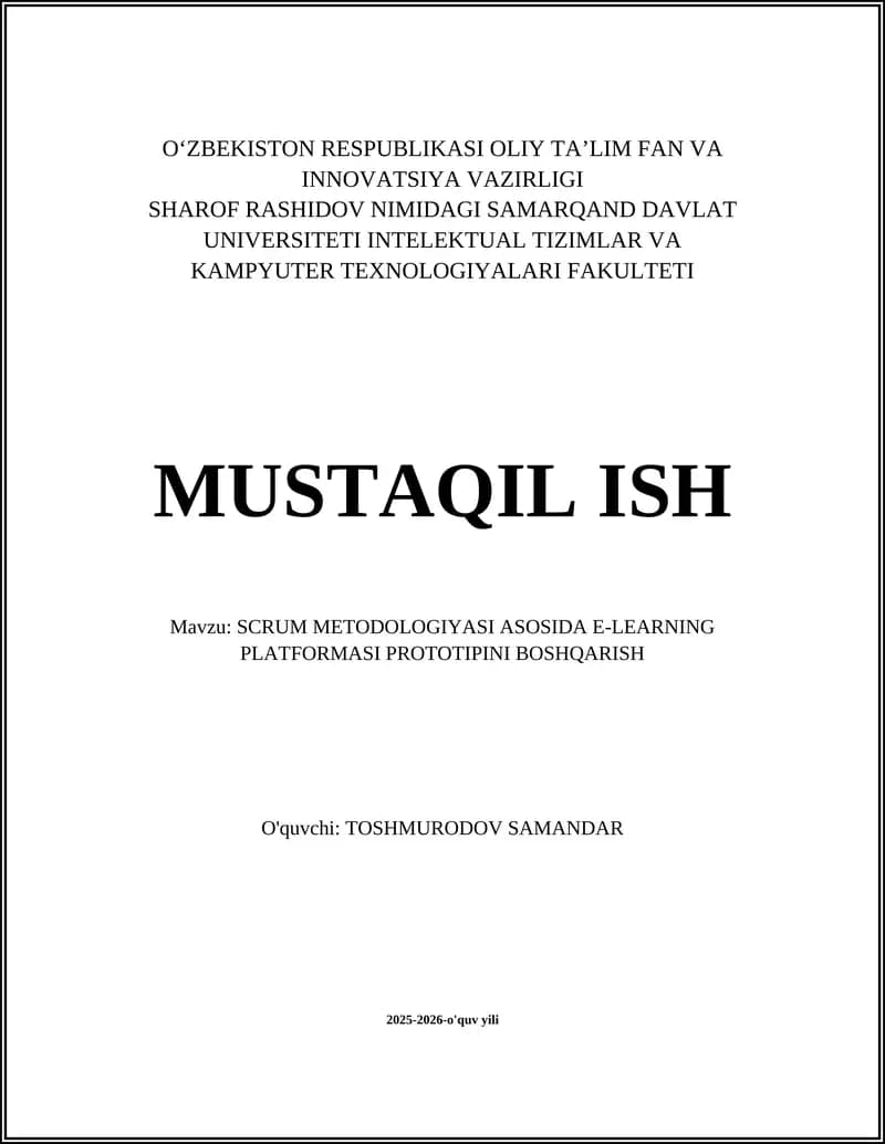 SCRUM METODOLOGIYASI ASOSIDA E-LEARNING PLATFORMASI PROTOTIPINI BOSHQARISH