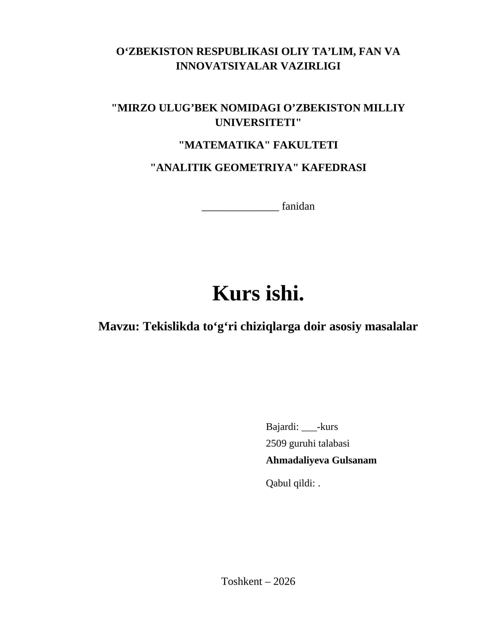 Tekislikda to‘g‘ri chiziqlarga doir asosiy masalalar