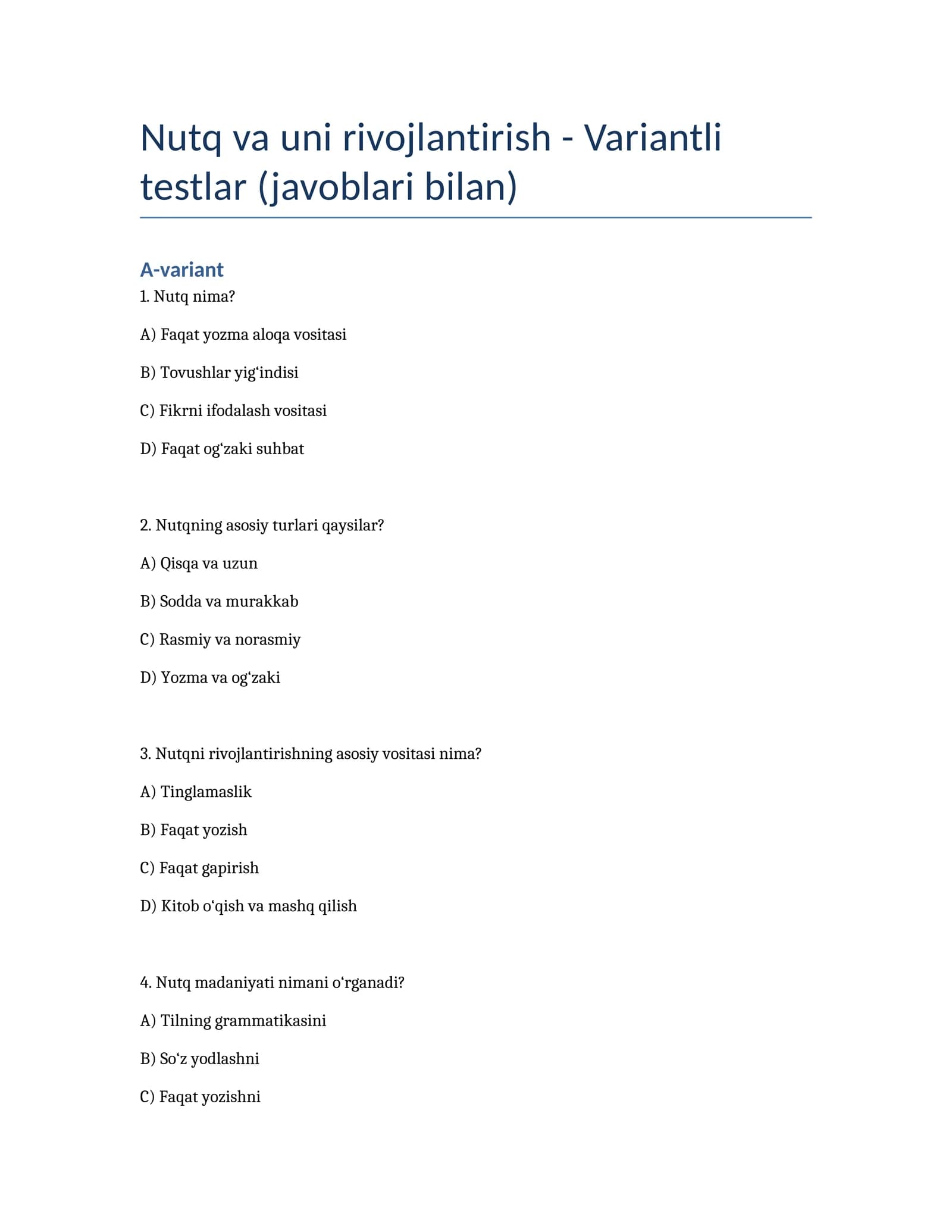 Nutq va uni rivojlantirish - Variantli testlar (javoblari bilan)