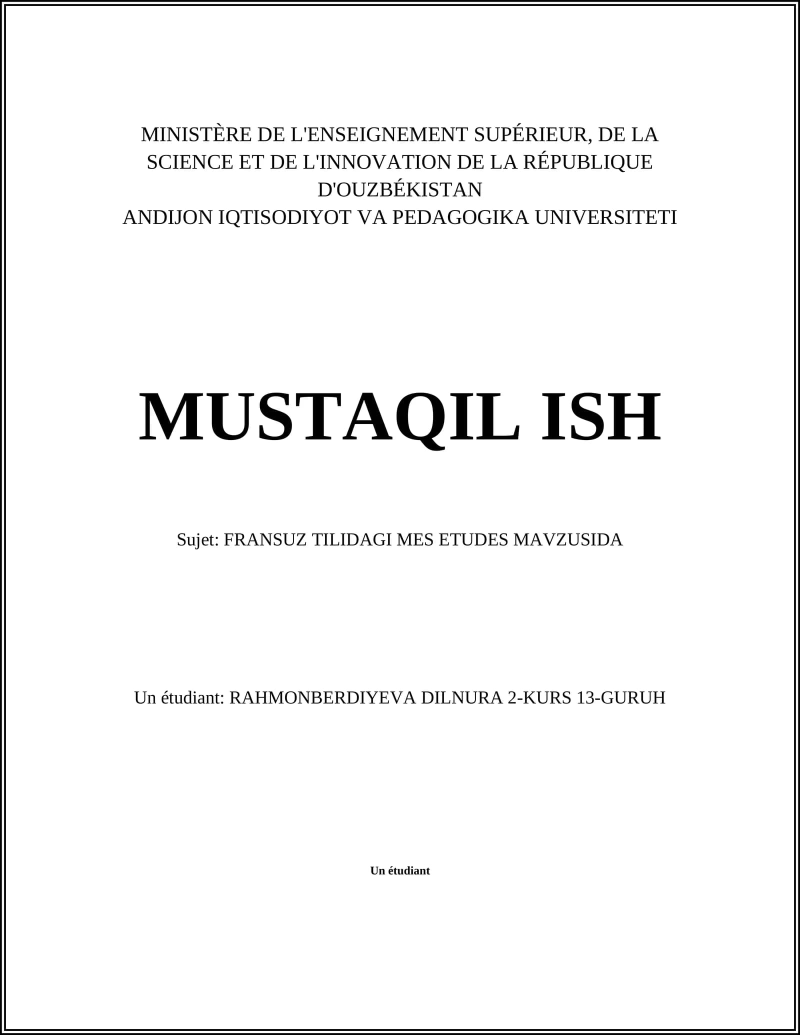 FRANSUZ TILIDAGI MES ETUDES MAVZUSIDA