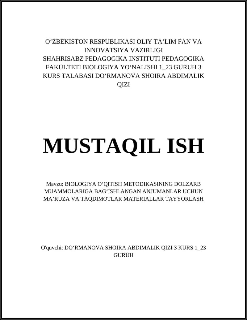 BIOLOGIYA OʻQITISH METODIKASINING DOLZARB MUAMMOLARIGA BAGʻISHLANGAN ANJUMANLAR UCHUN MAʼRUZA VA TAQDIMOTLAR MATERIALLAR TAYYORLASH