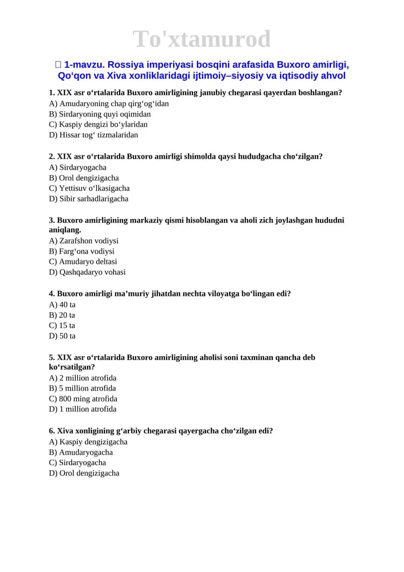🏛️ Tarix fanidan FABIU uchun mavzulashtirilgan testlar to‘plami 📚🧠
