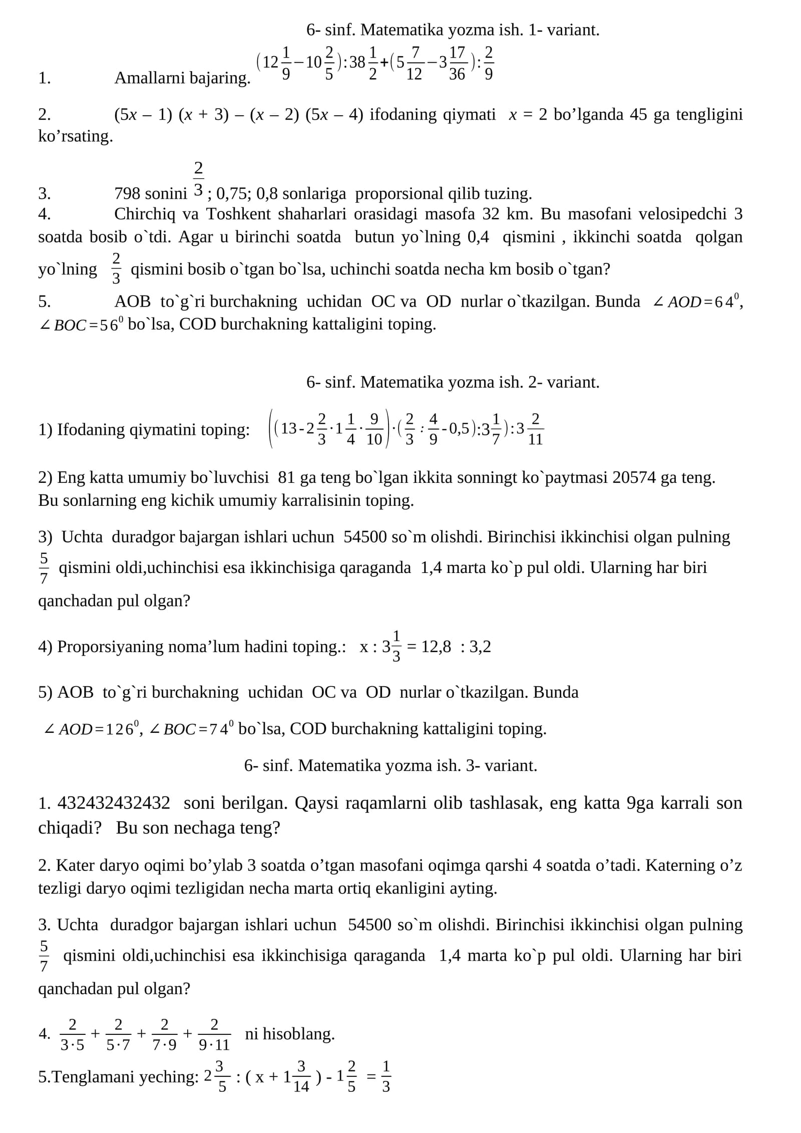 6- sinf. Matematika yozma ish. 1- variant