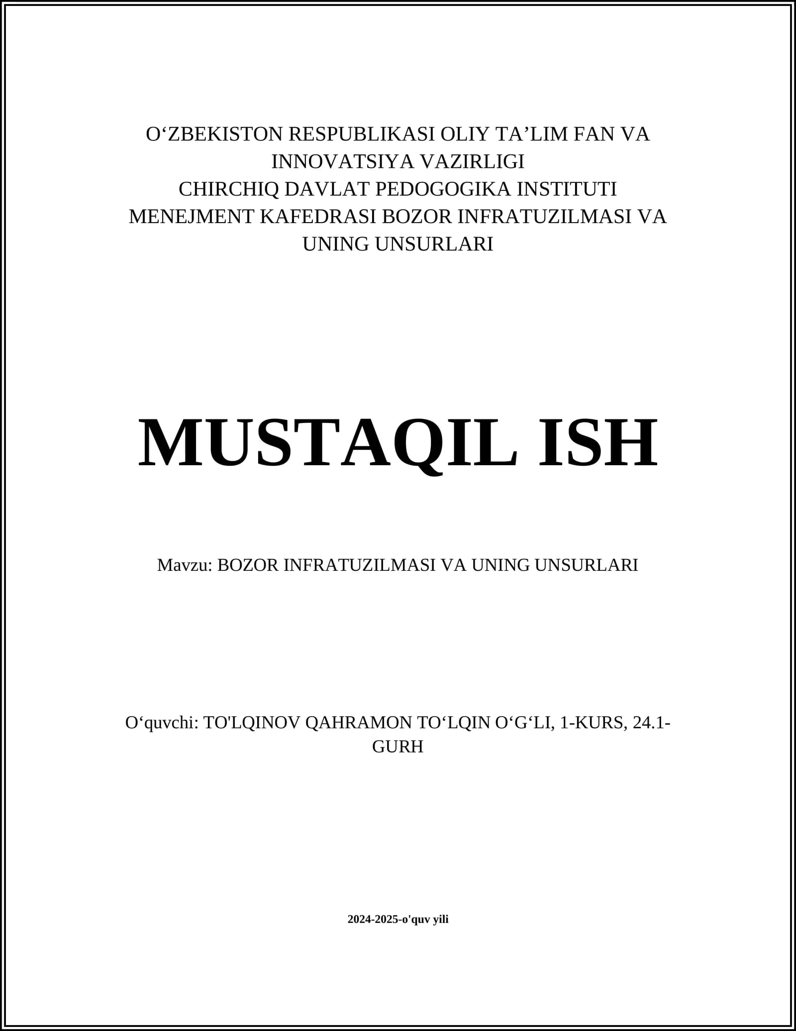 BOZOR INFRATUZILMASI VA UNING UNSURLARI