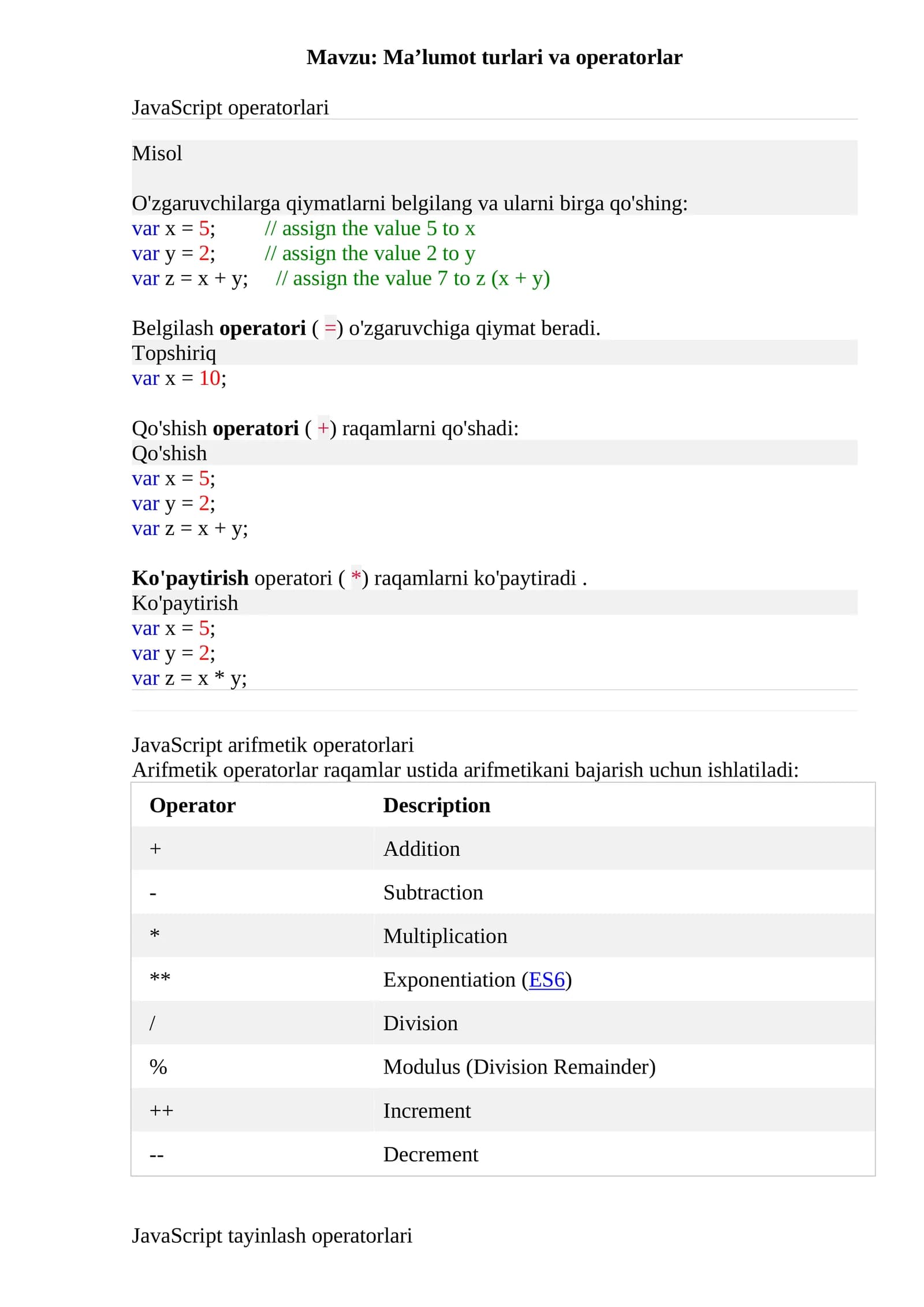 JavaScriptoperatorlari