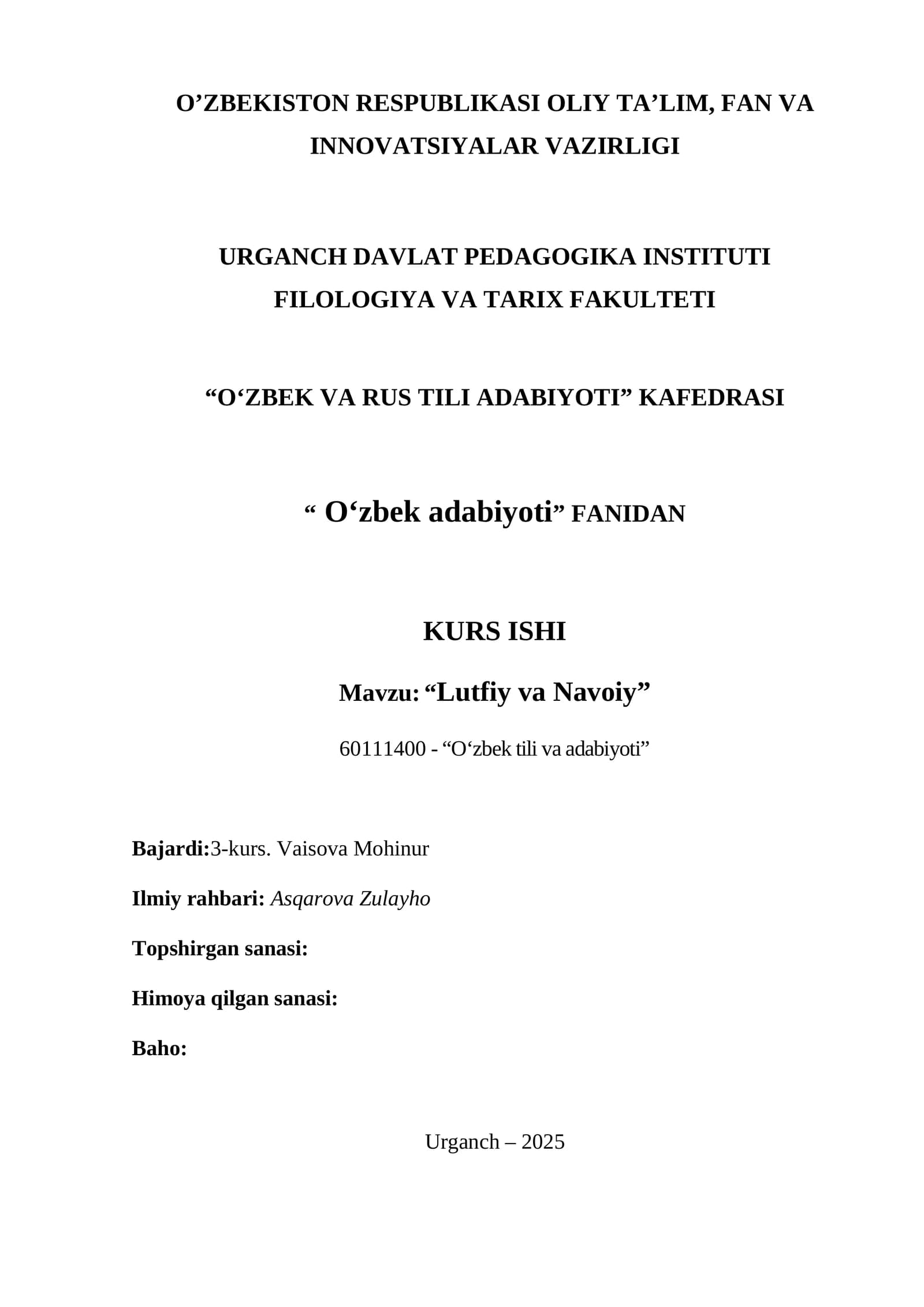 “Lutfiy va Navoiy” KURS ISHI