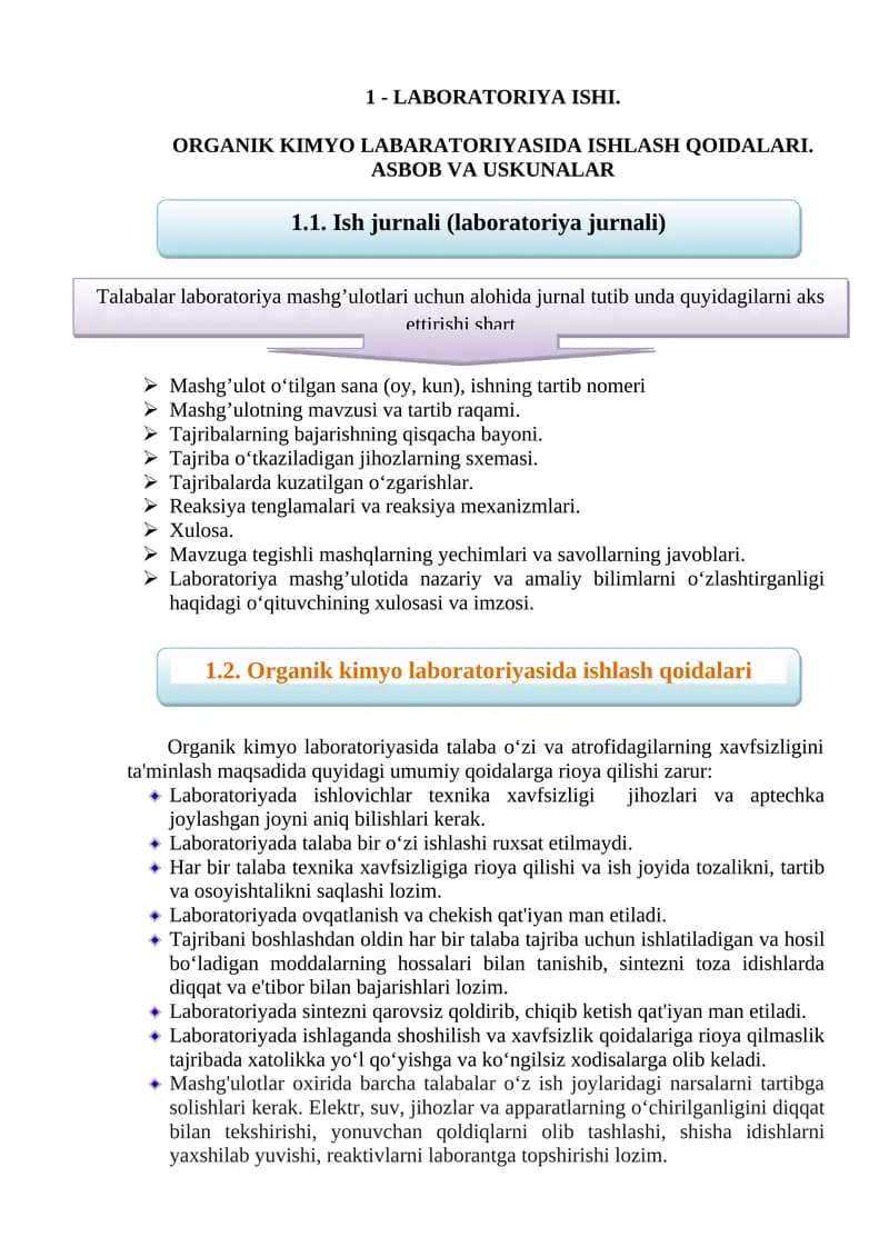 ORGANIK KIMYО LABARATORIYАSIDA ISHLASH QOIDALARI. ASBOB VA USKUNALAR