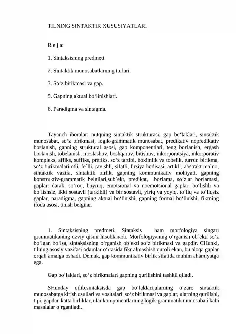 TILNING SINTAKTIK XUSUSIYATLARI