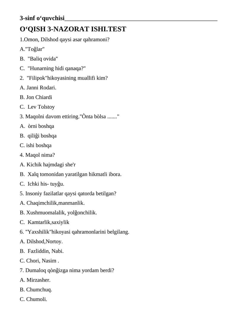 O‘QISH 3-NAZORAT ISHI.TEST