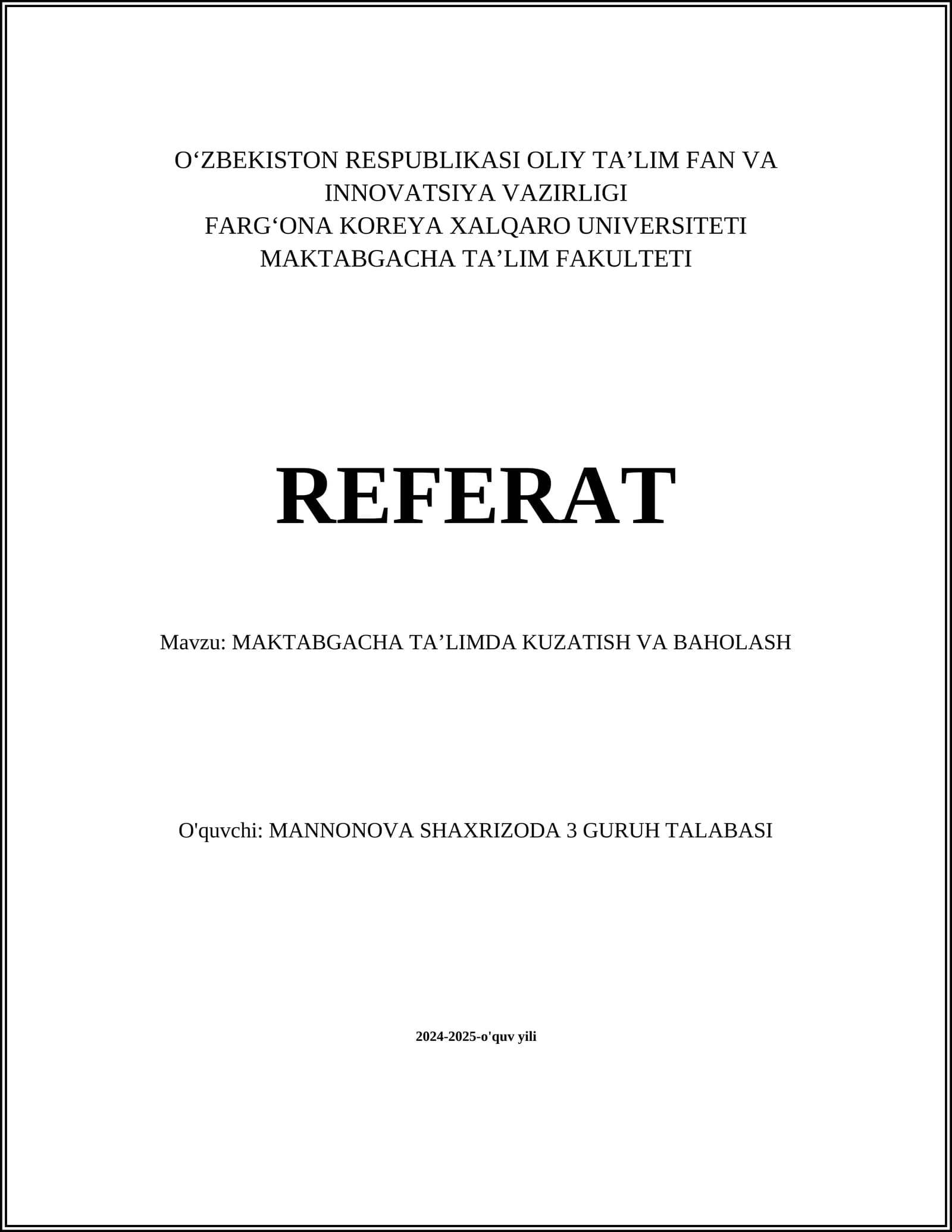 MAKTABGACHA TAʼLIMDA KUZATISH VA BAHOLASH