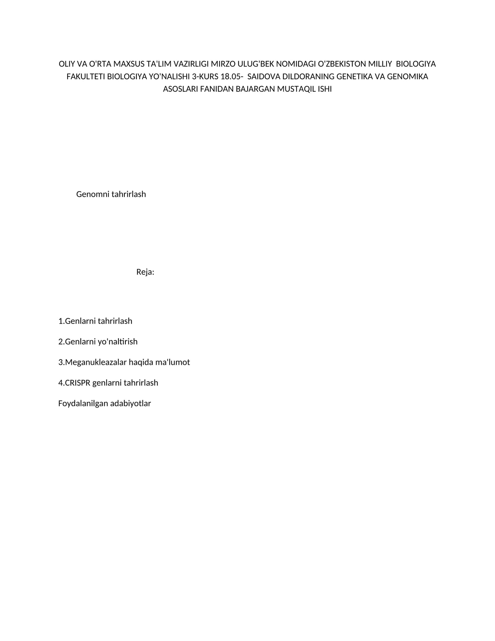 Saodova Dildora - Genetika va genomika asoslari fanidan mustaqil ishi