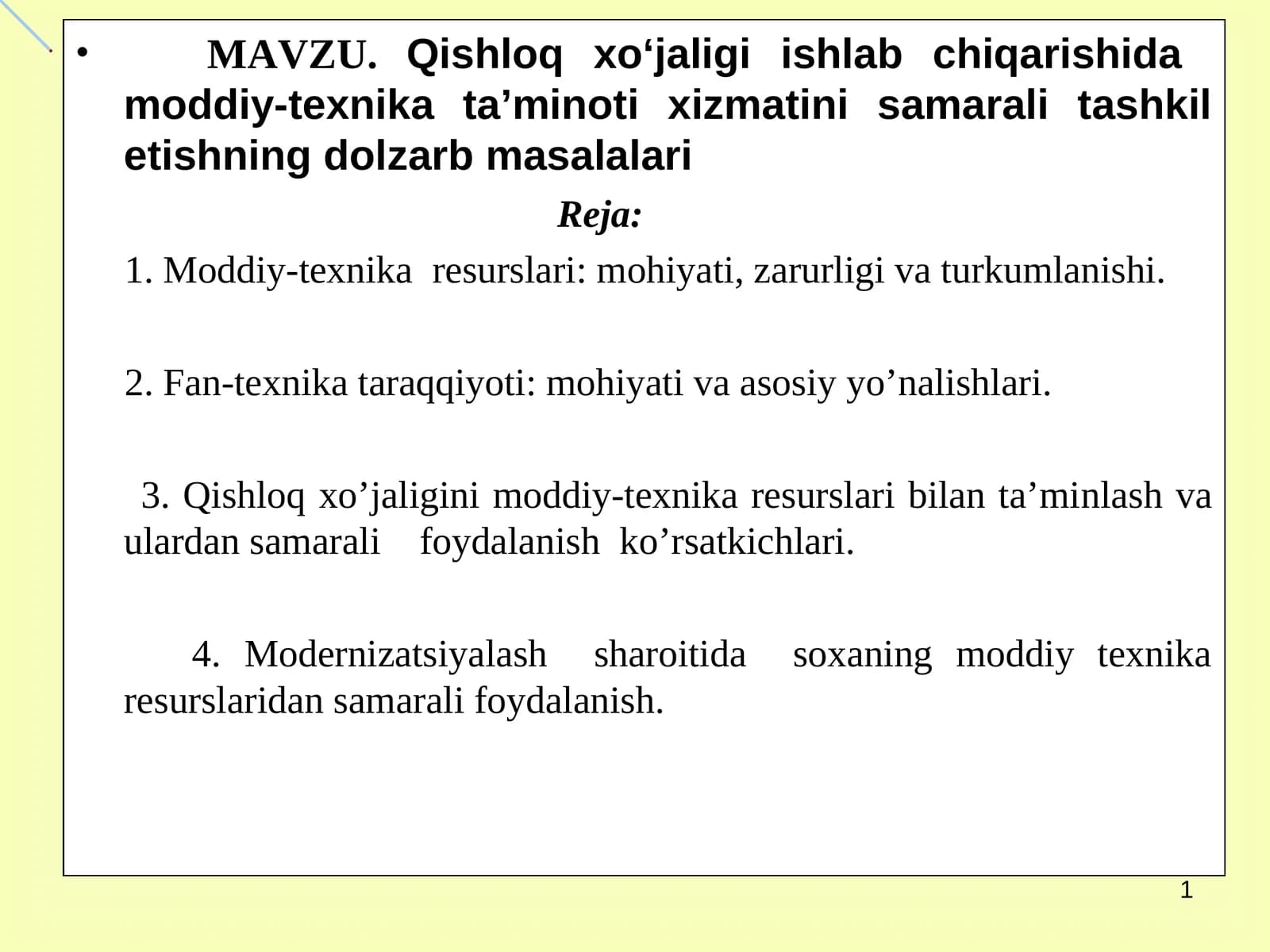 Qishloq xo‘jaligi ishlab chiqarishida moddiy-texnika ta’minoti xizmatini samarali tashkil etishning dolzarb masalalari
