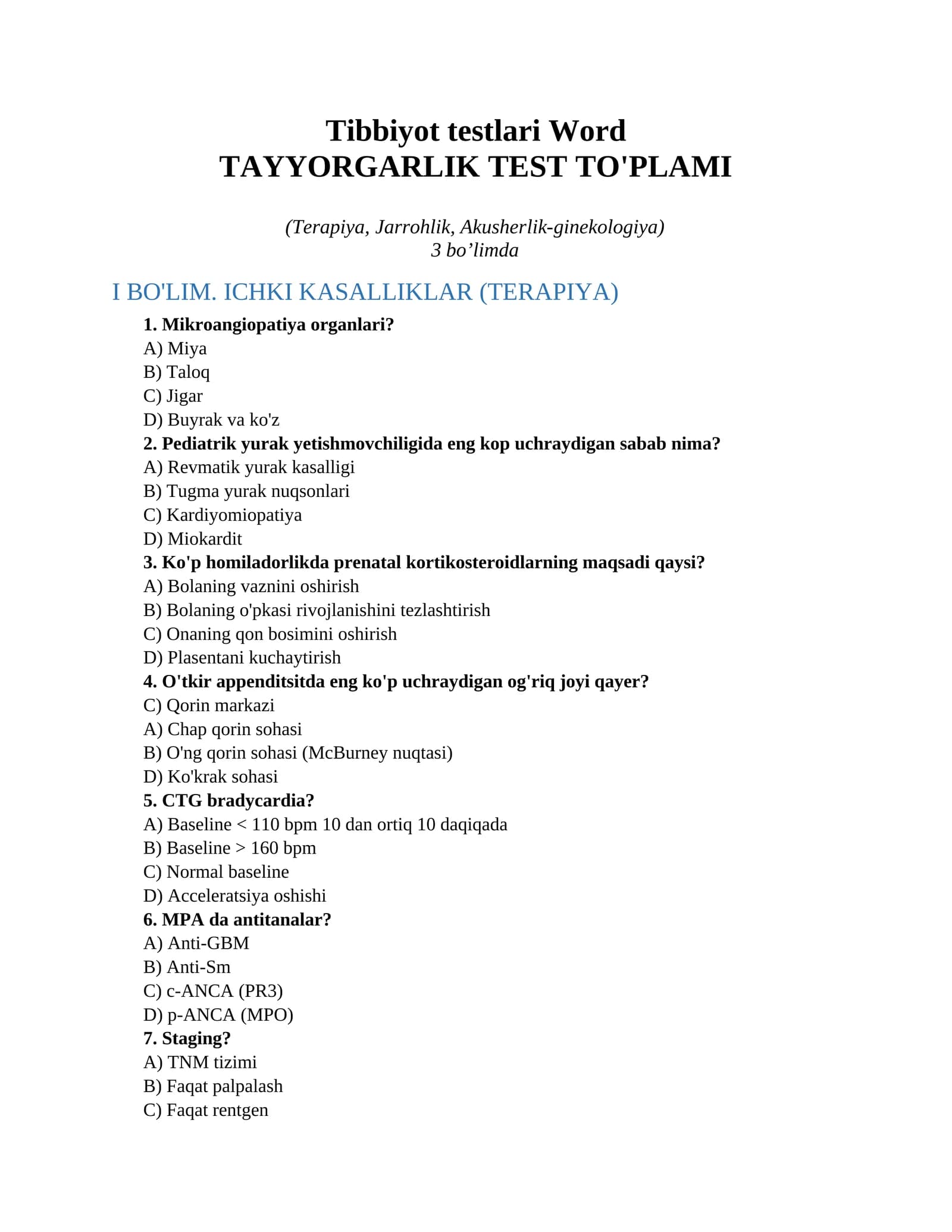 Tibbiyot testlari Word