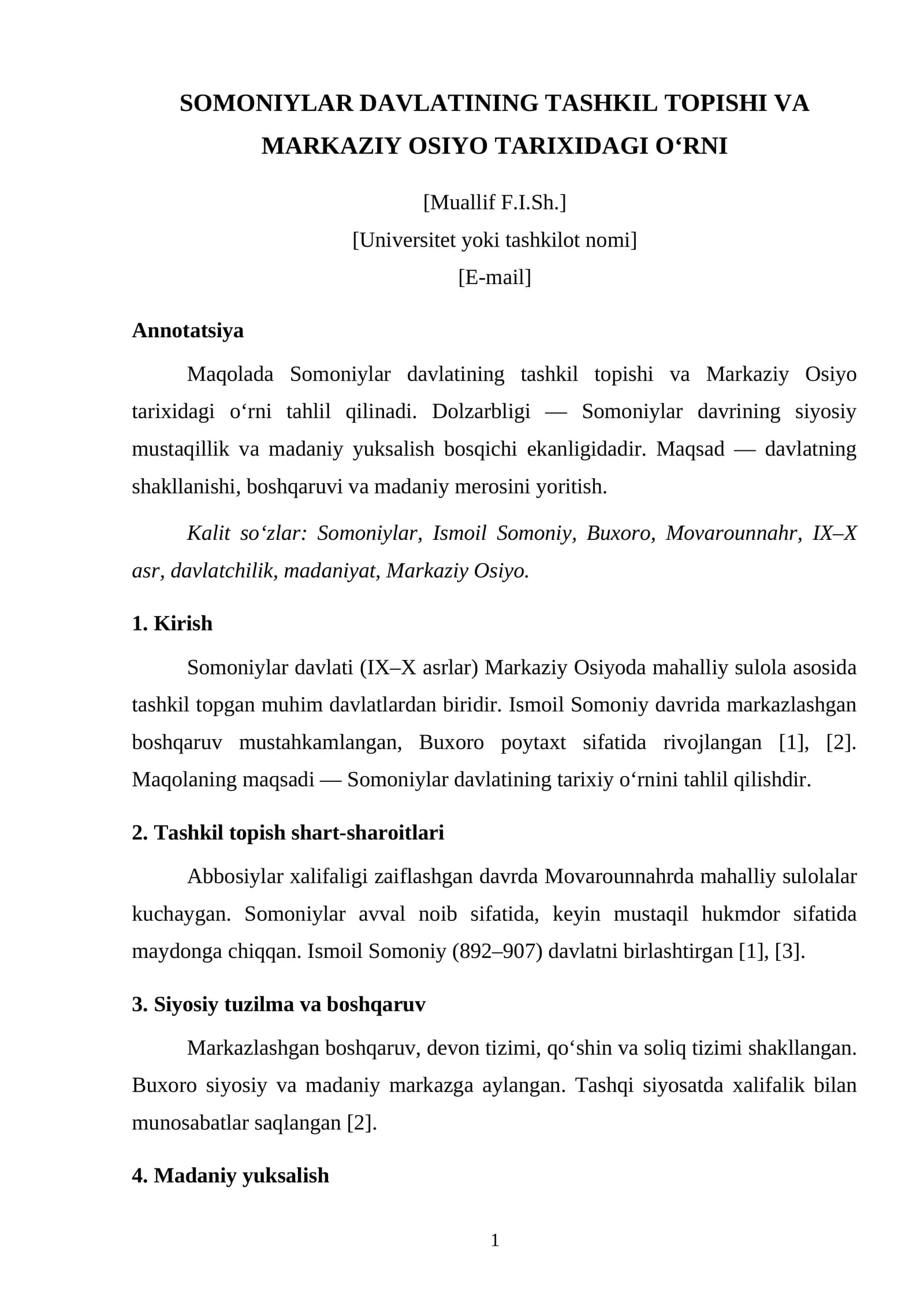 SOMONIYLAR DAVLATINING TASHKIL TOPISHI VA MARKAZIY OSIYO TARIXIDAGI O‘RNI