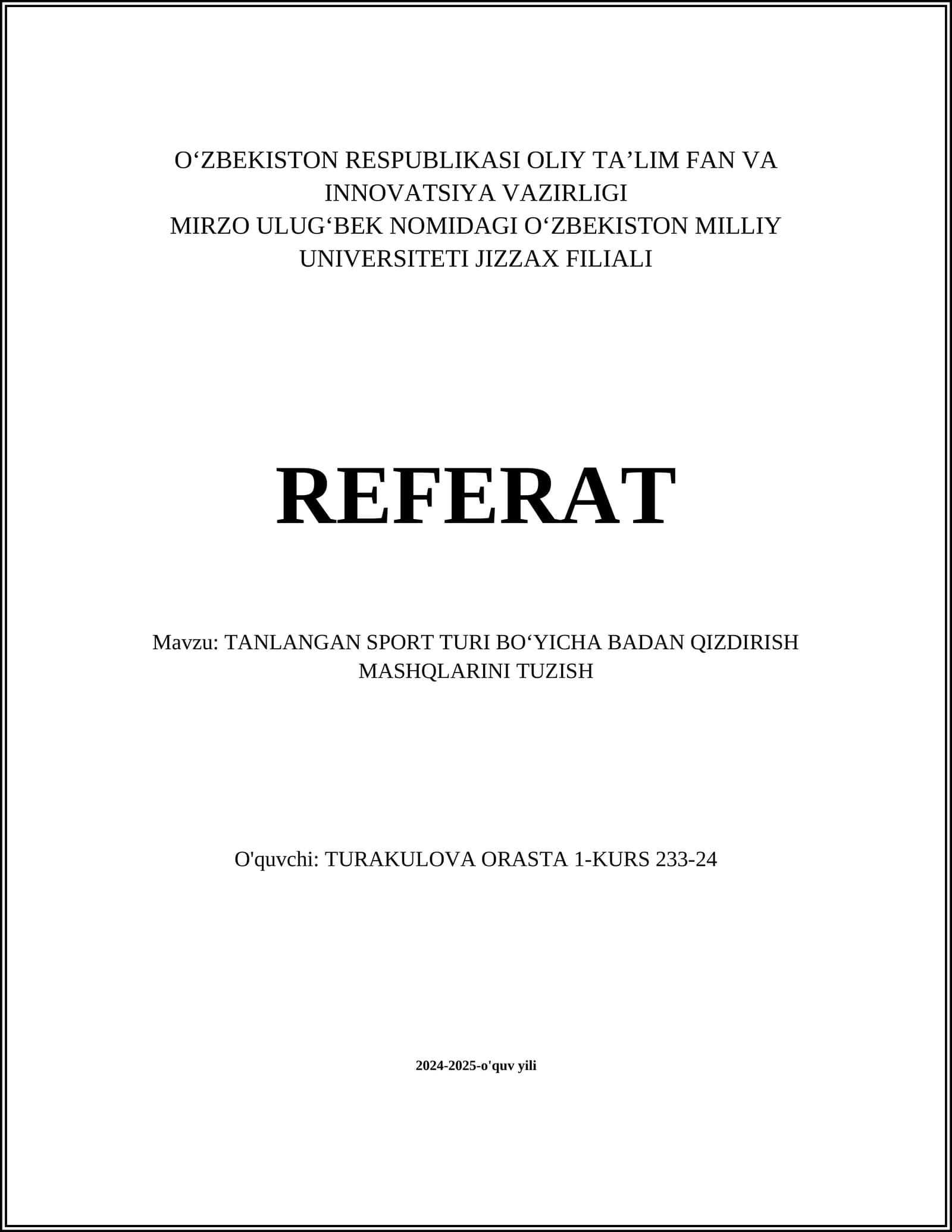 TANLANGAN SPORT TURI BO‘YICHA BADAN QIZDIRISH MASHQLARINI TUZISH