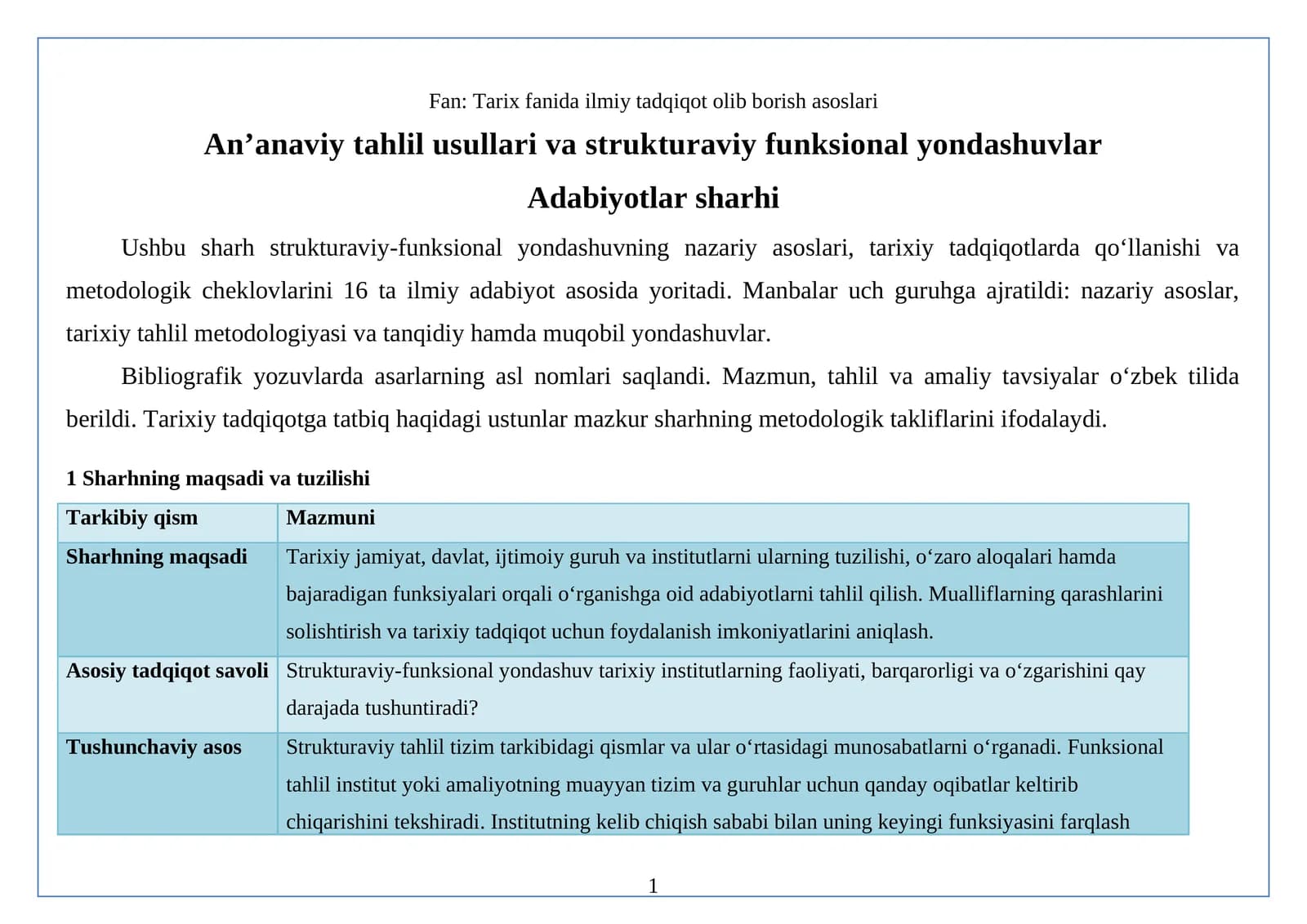 An’anaviy tahlil usullari va strukturaviy funksional yondashuvlar