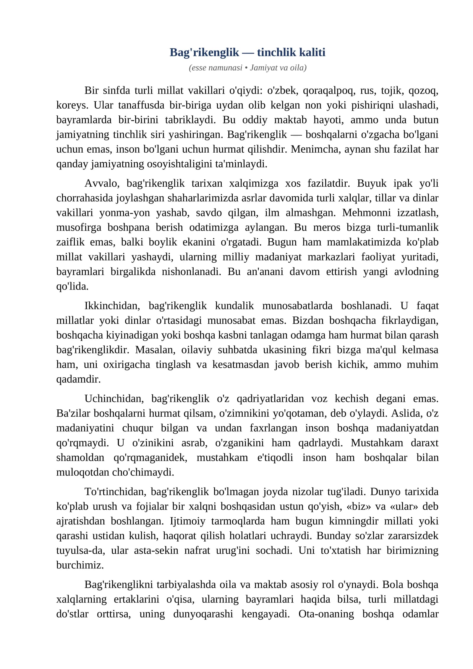 Esse Bagrikenglik tinchlik kaliti