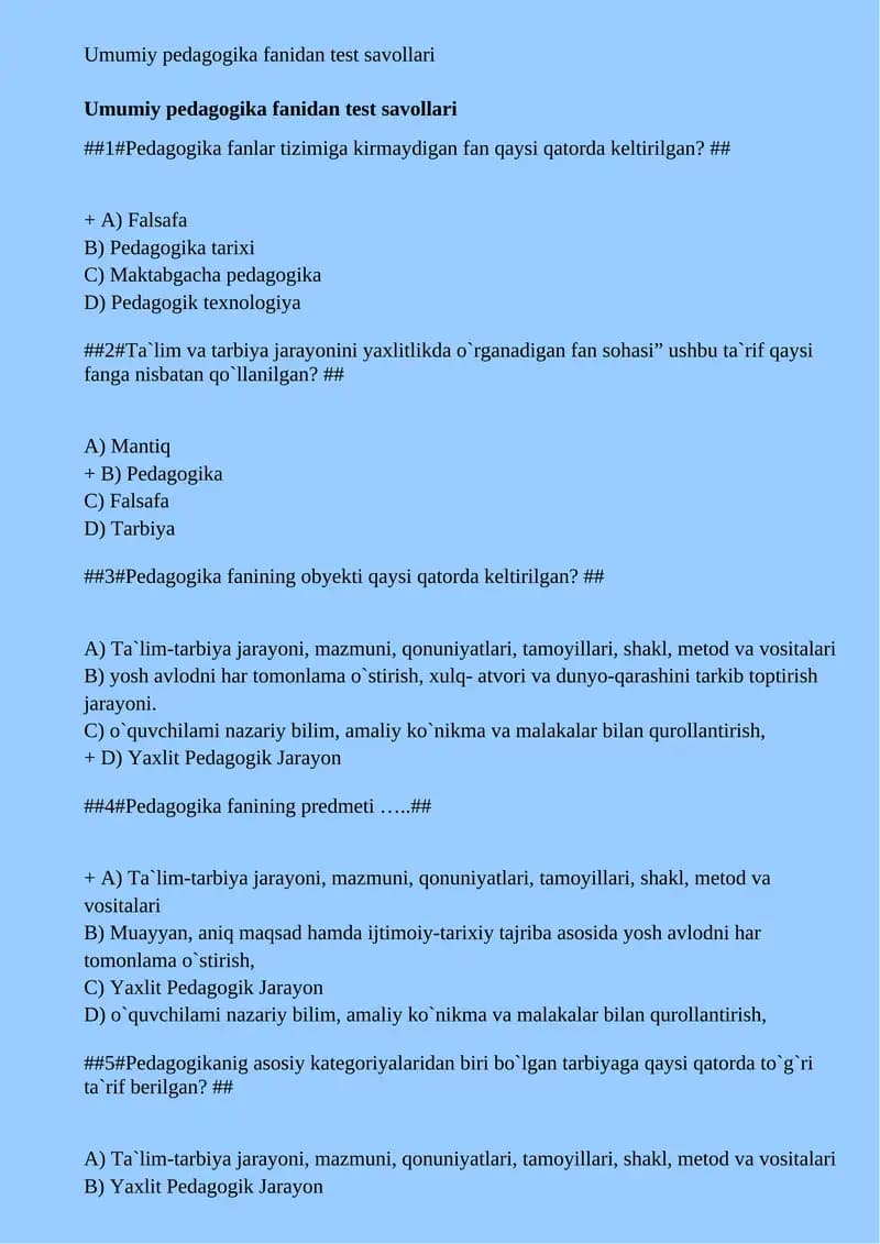 Umumiy pedagogika fanidan test savollari
