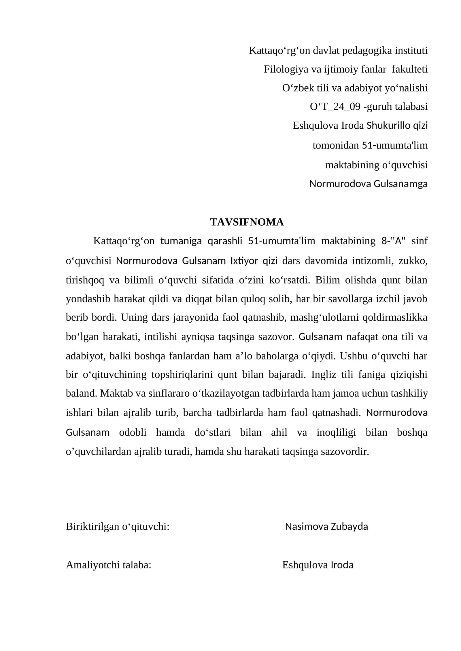Normurodova Gulsanam TAVSIFNOMA