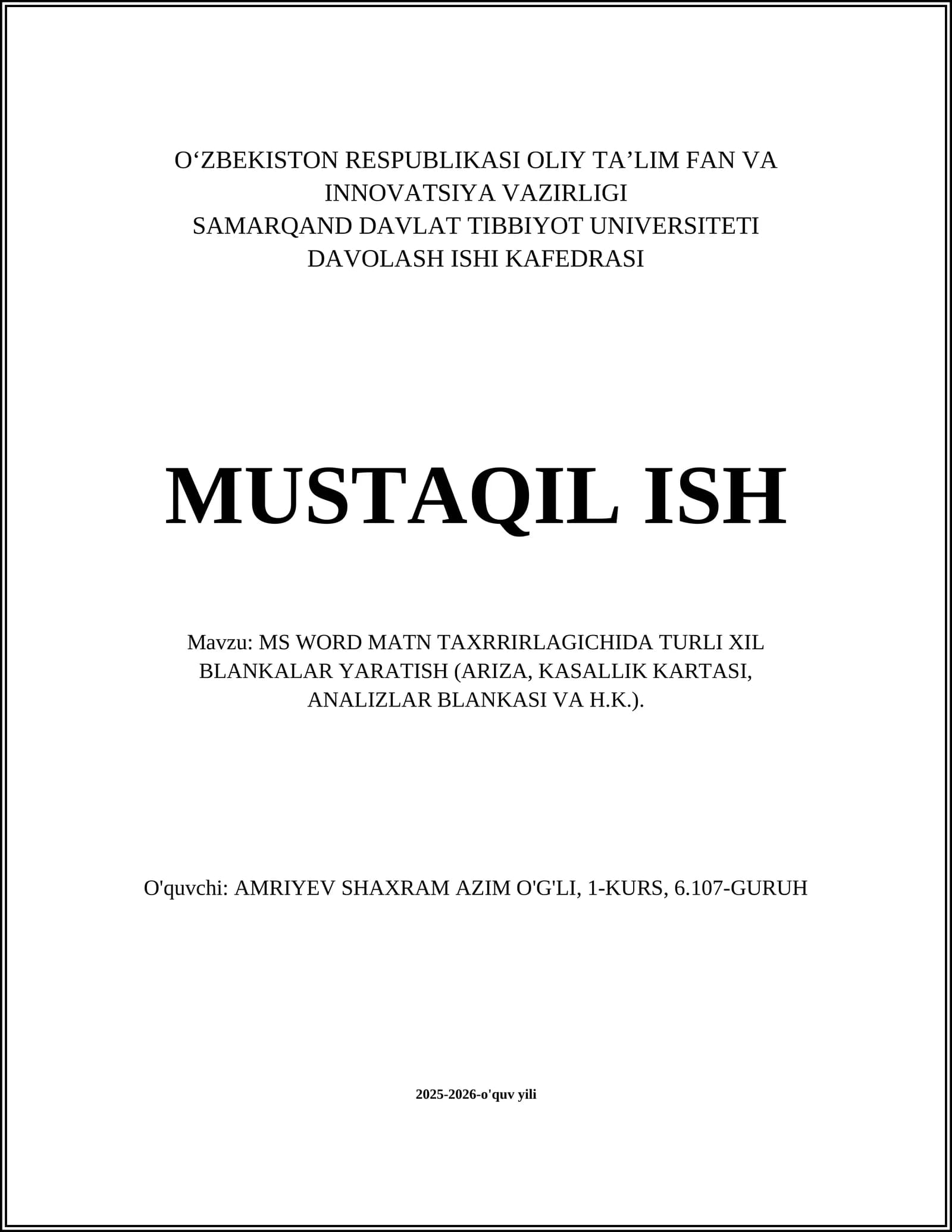 MS WORD MATN TAXRRIRLAGICHIDA TURLI XIL BLANKALAR YARATISH
