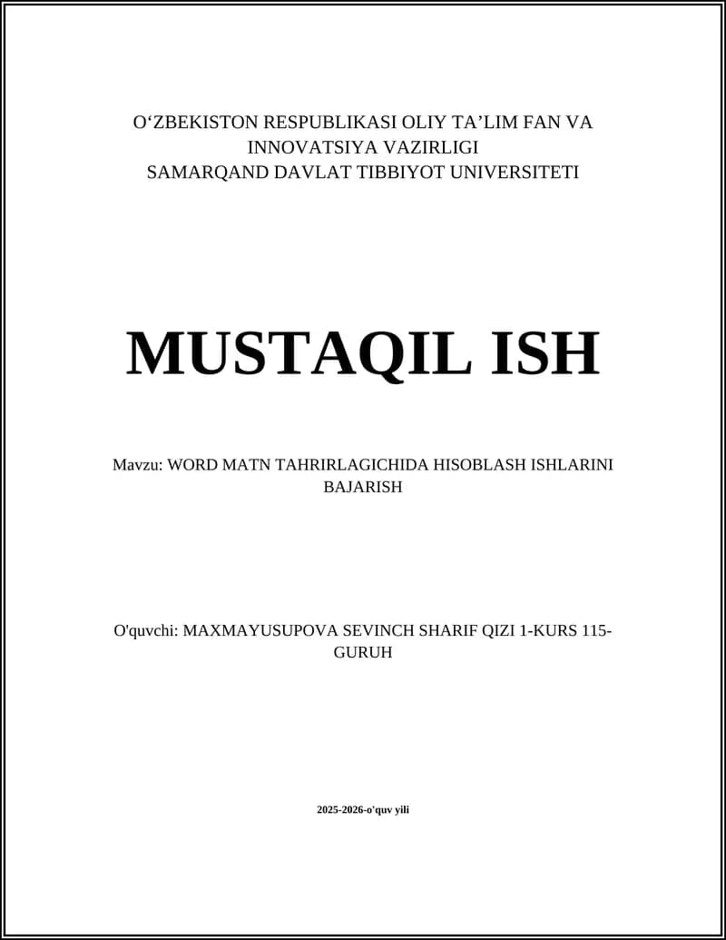 WORD MATN TAHRIRLAGICHIDA HISOBLASH ISHLARINI BAJARISH