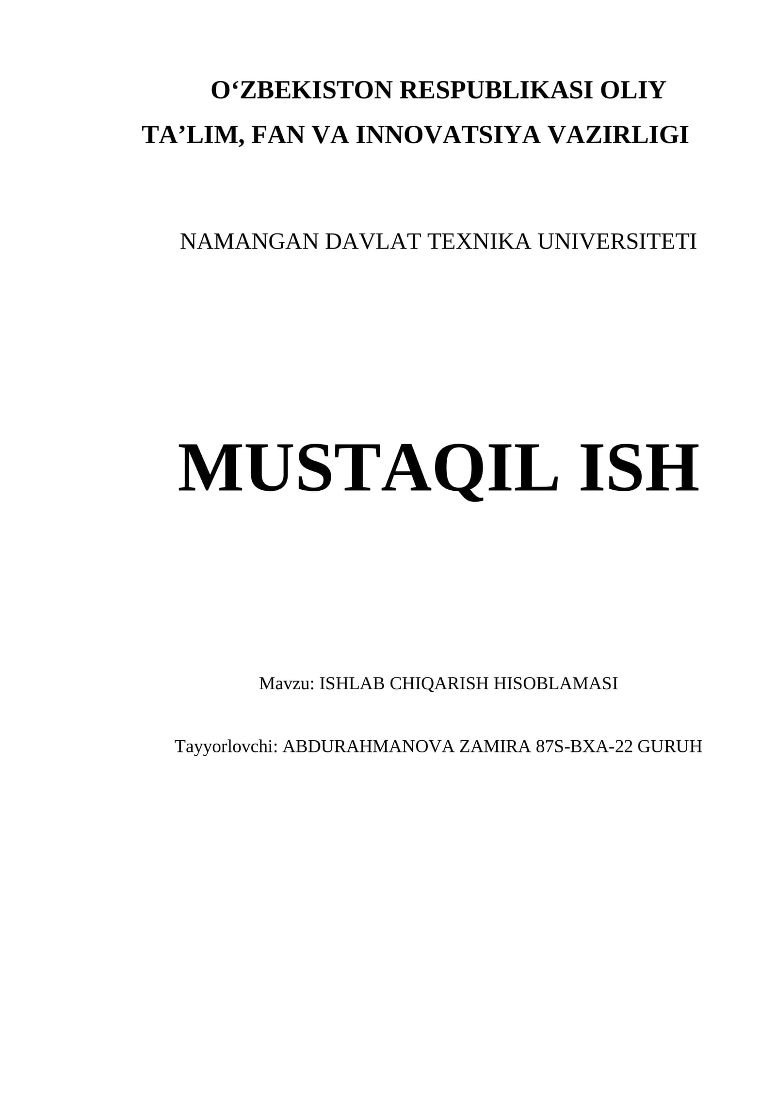 ISHLAB CHIQARISH HISOBLAMASI