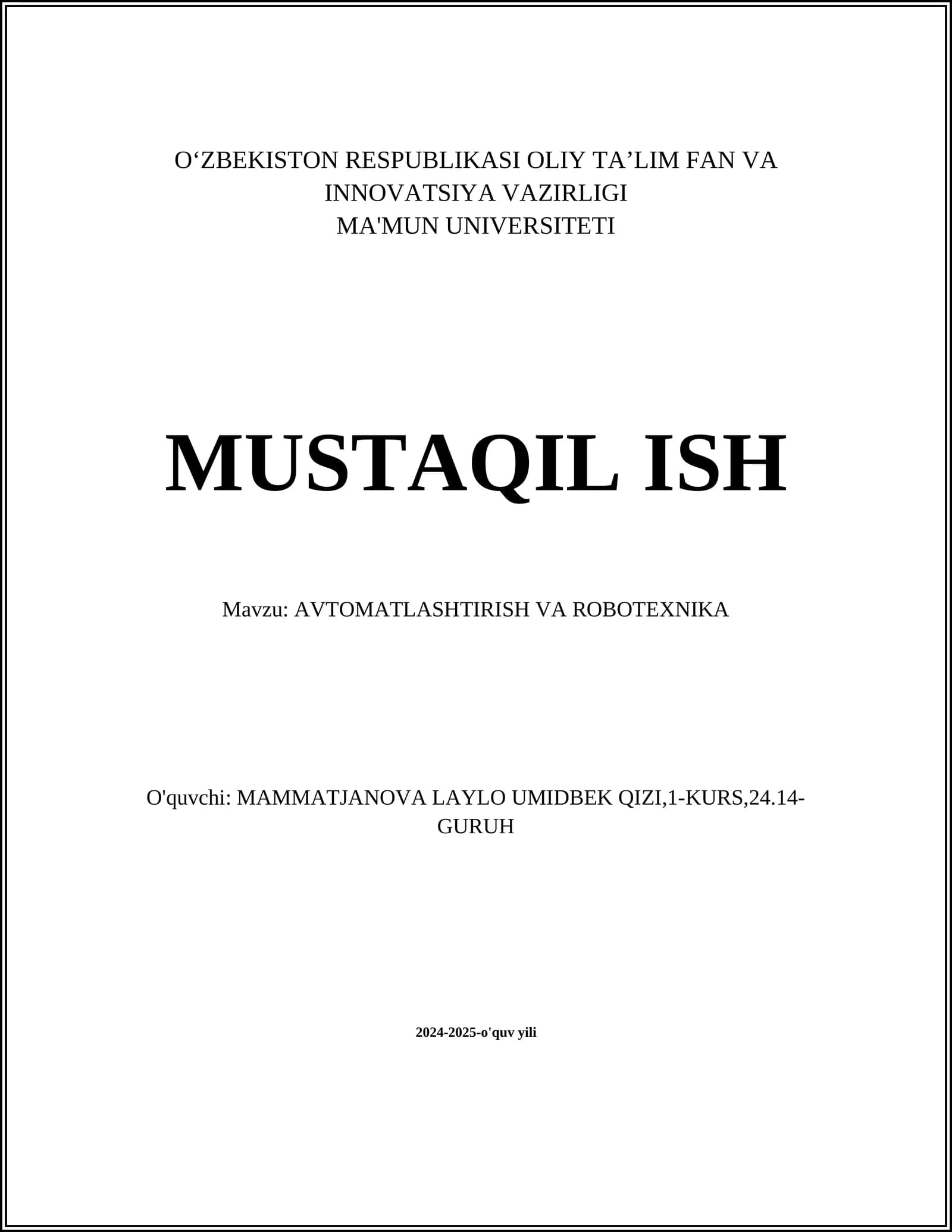 AVTOMATLASHTIRISH VA ROBOTEXNIKA
