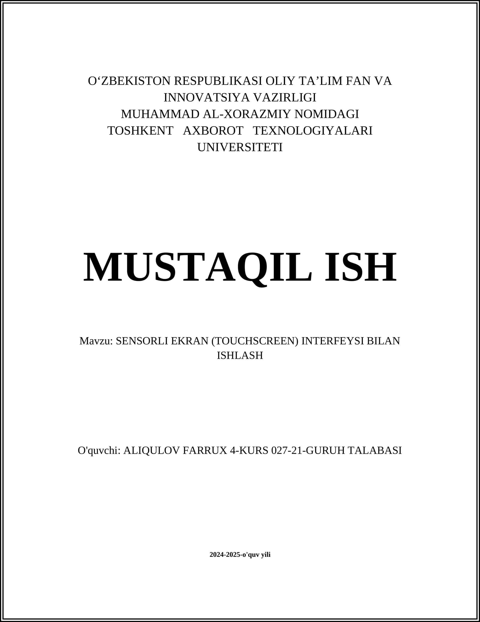 SENSORLI EKRAN (TOUCHSCREEN) INTERFEYSI BILAN ISHLASH