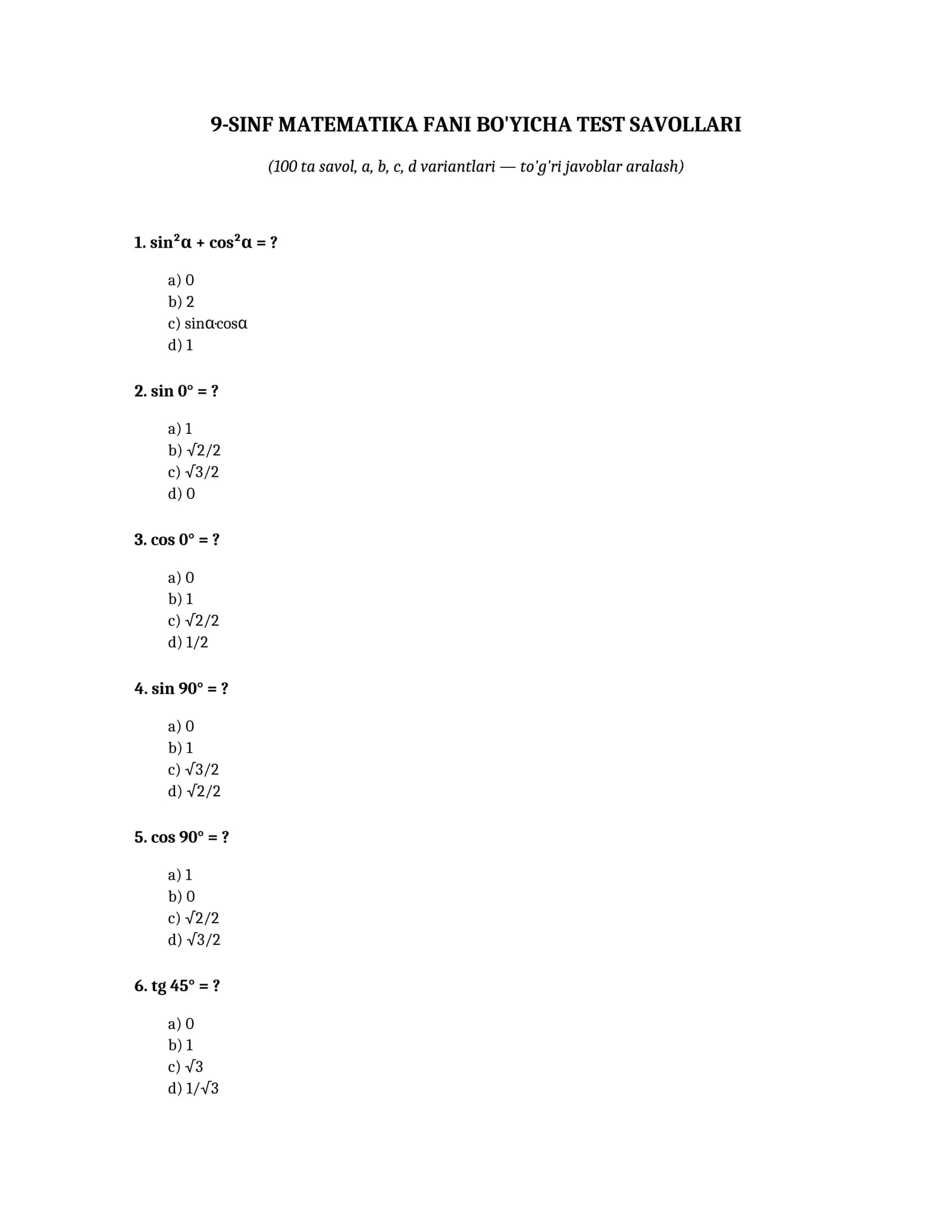 9-SINF MATEMATIKA FANI BO'YICHA TEST SAVOLLARI