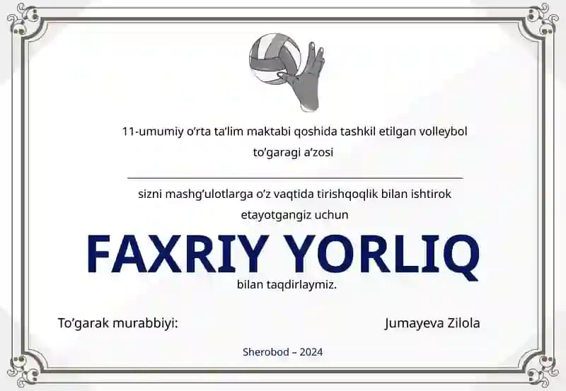 Voleybol toʻgaragi uchun faxriy yorliq