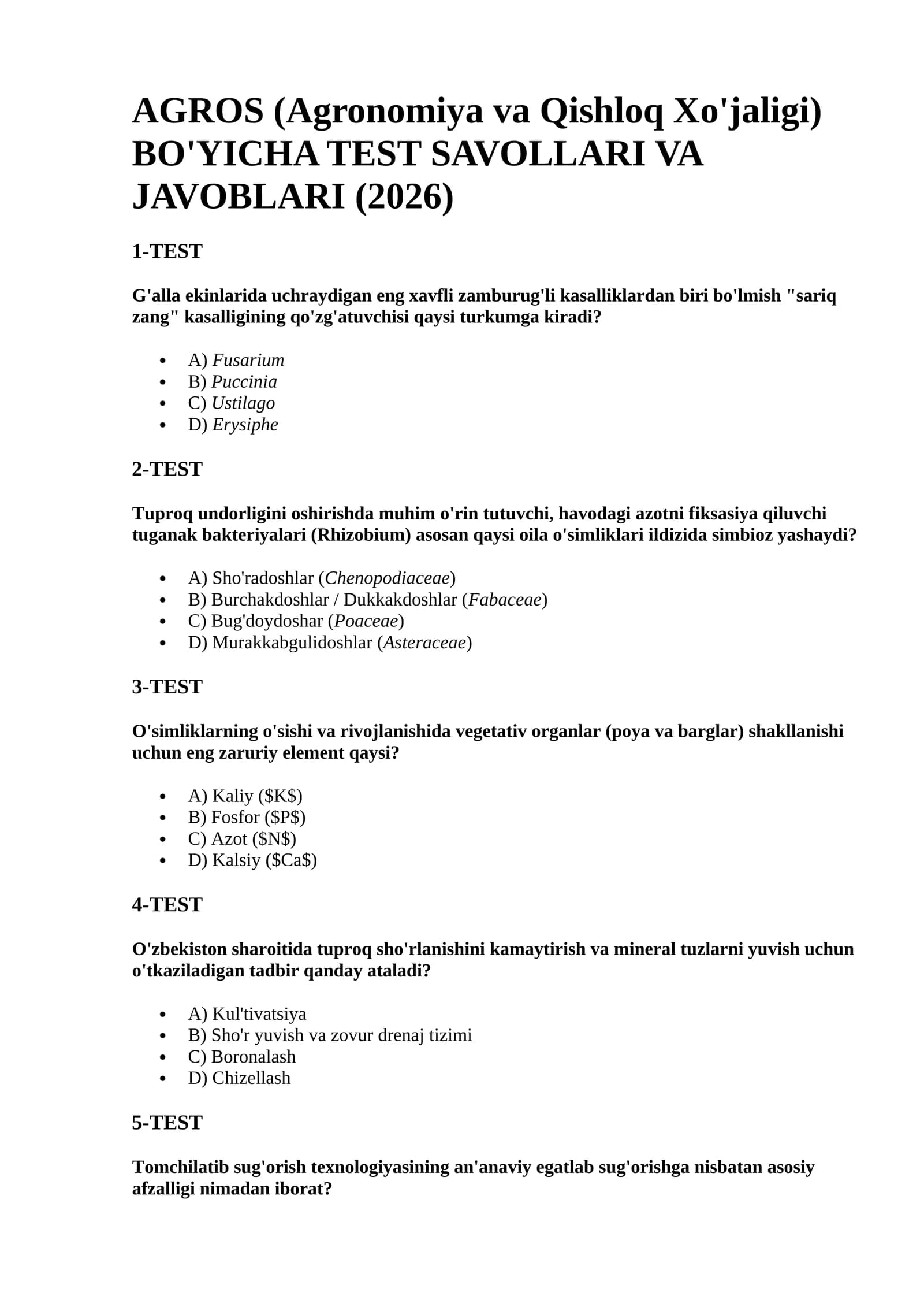Agros testlar javoblari 2026