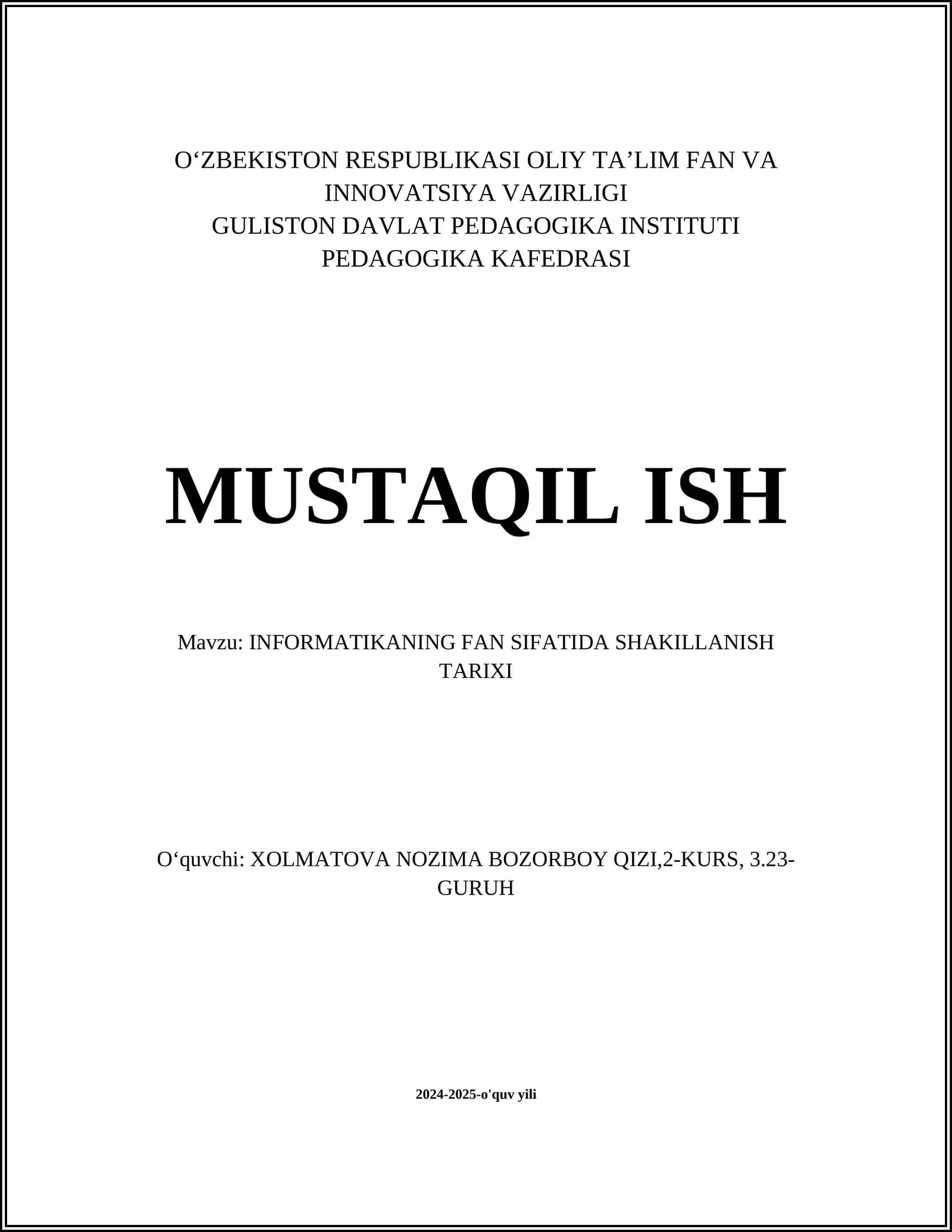 INFORMATIKANING FAN SIFATIDA SHAKILLANISH TARIXI