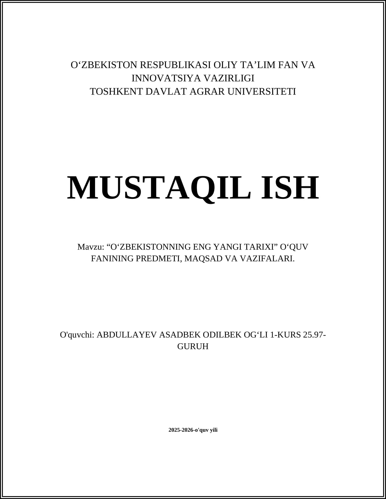 O'ZBEKISTONNING ENG YANGI TARIXI