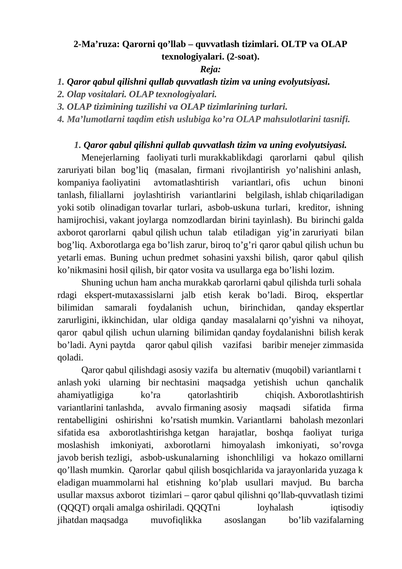 2-Ma’ruza: Qarorni qo’llab – quvvatlash tizimlari. OLTP va OLAP texnologiyalari