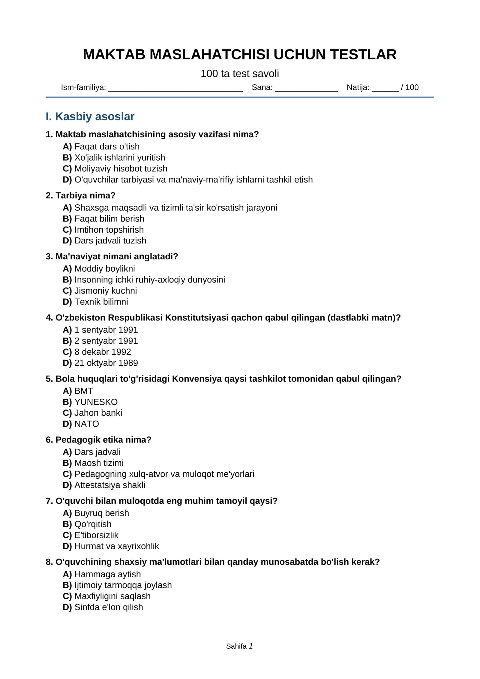 MAKTAB MASLAHATCHISI UCHUN TESTLAR