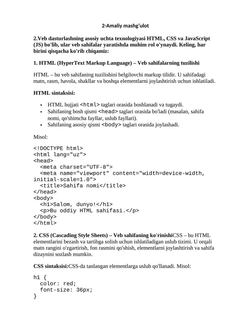 HTML, CSS va JavaScript (JS)