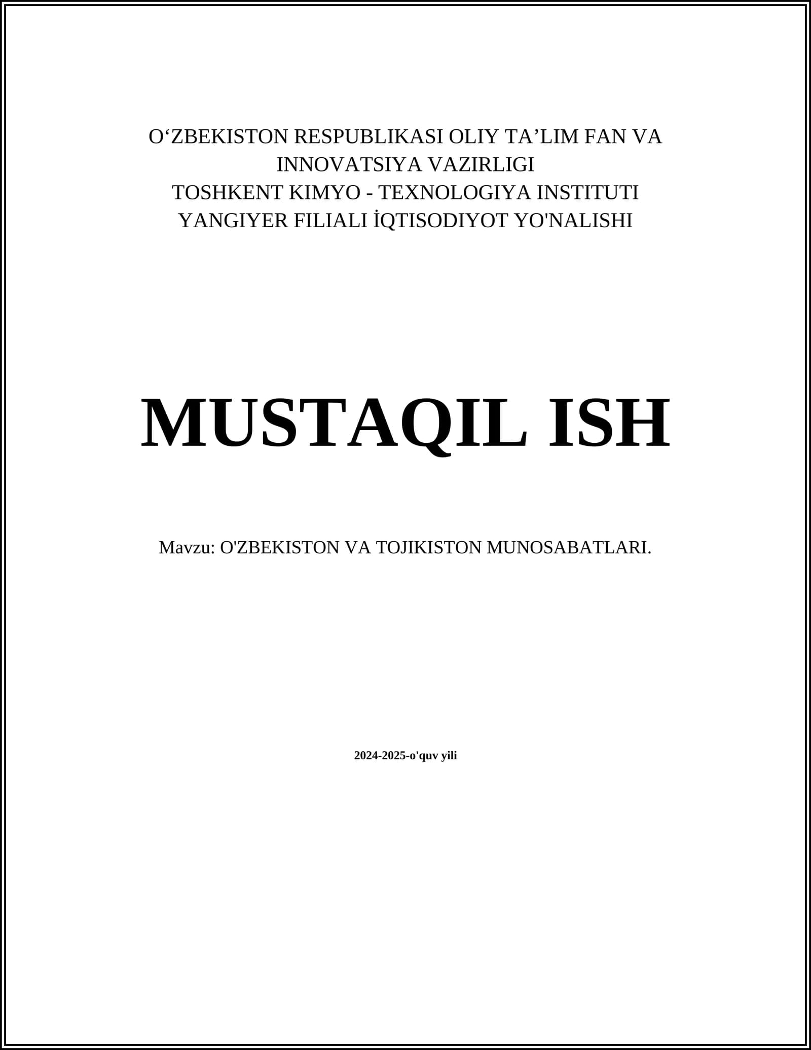 O'ZBEKISTON VA TOJIKISTON MUNOSABATLARI
