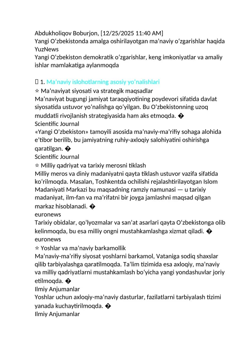 Yangi oʻzbekistonda amalga oshirilayotgan manaviy oʻzgarishlar