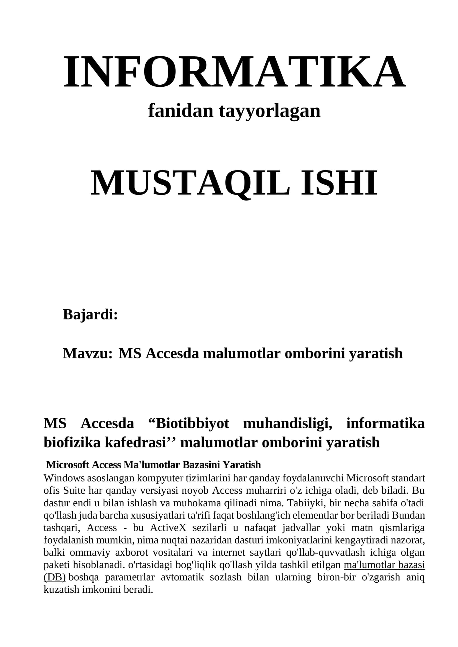 MS Accesda malumotlar omborini yaratish