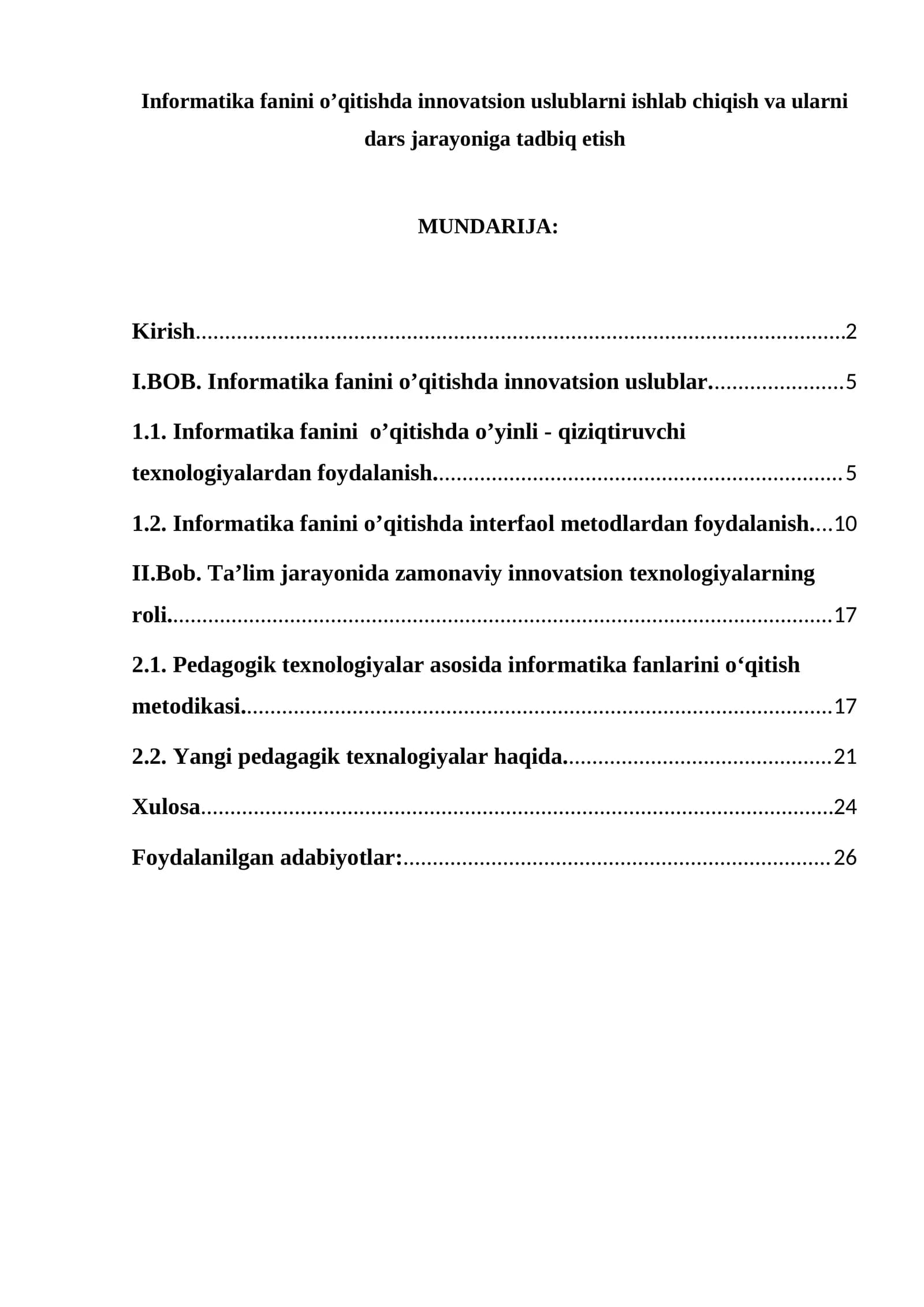 Informatika fanini o’qitishda innovatsion uslublarni ishlab chiqish va ularni dars jarayoniga tadbiq etish