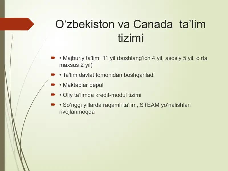 O‘zbekiston va Canada  ta’lim tizimi