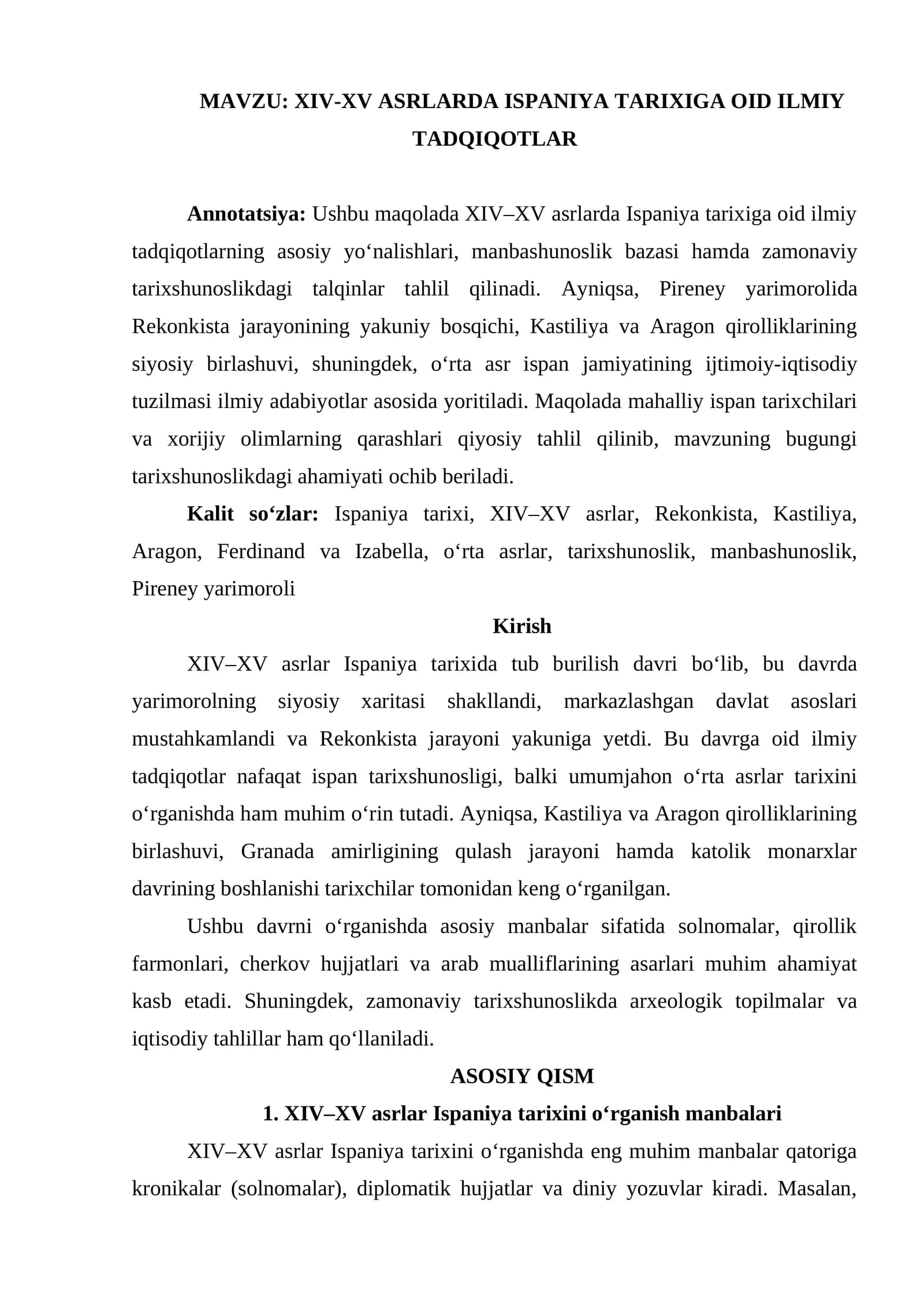 XIV-XV asrlarda Ispaniya tarixiga oid ilmiy tadqiqotlar mavzusida maqola