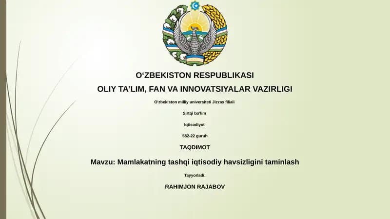 Mamlakatning tashqi iqtisodiy havsizligini taminlash
