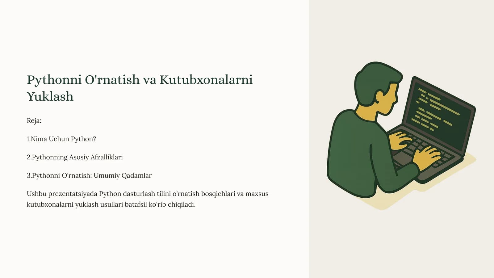 Pythonni O'rnatish va Kutubxonalarni Yuklash